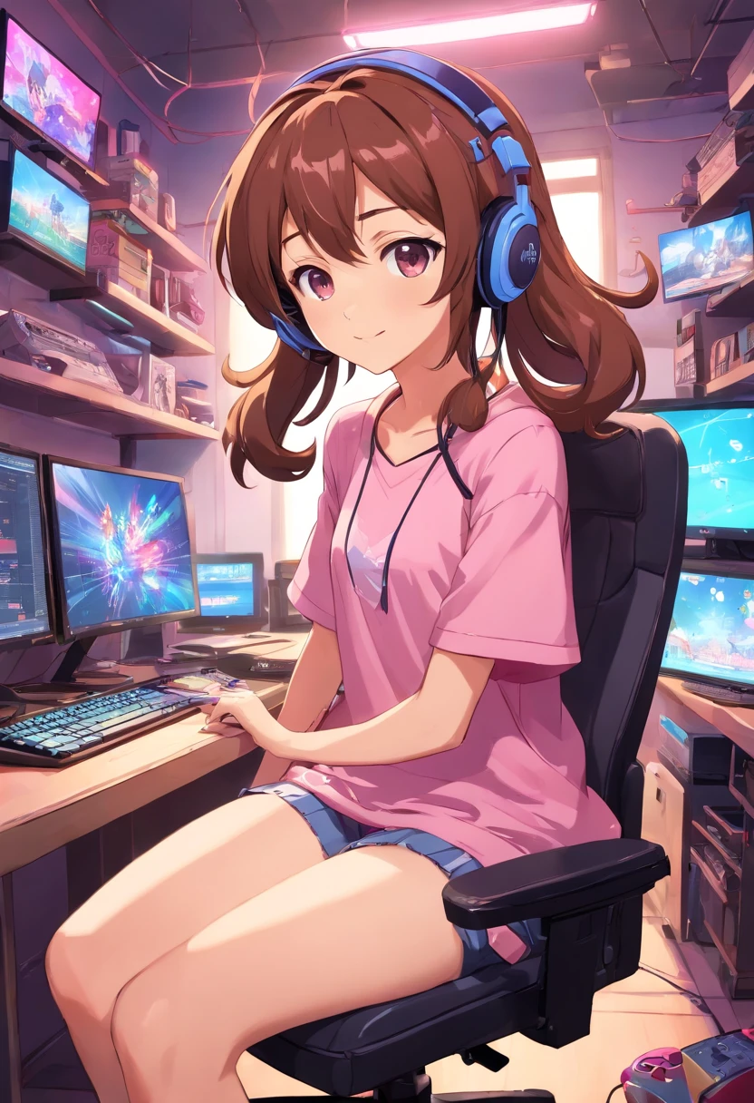 Distributor streamer femele adult lady pink there neons headphones Brown hair Pink Gaming Desk Gaming Chair Gaming PC colourfull plushies Fancy A delightful A smile 发optic Net Internet long-haired twin-tails From Side sitting on kirakira optic distribution subculture creator tshirts microphone gamer games From above