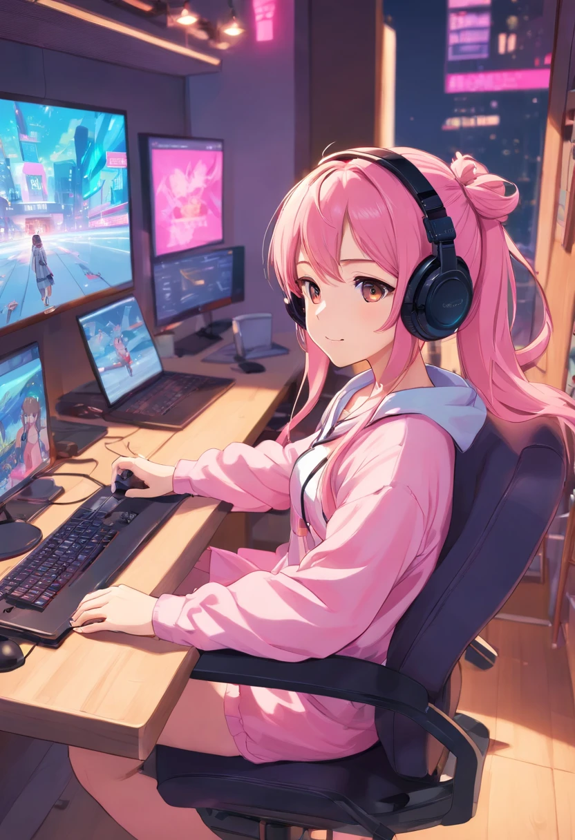 Distributor　streamer　femele　adult lady　pink there　neons　headphones　Brown hair　Pink　Gaming Desk　Gaming Chair　Gaming PC　colourfull　plushies　Fancy　A delightful　A smile　发optic　Net　Internet　long-haired twin-tails　　From Side　sitting on　kirakira　optic　distribution　subculture　creator　tshirts　microphone　gamer　games　From  above