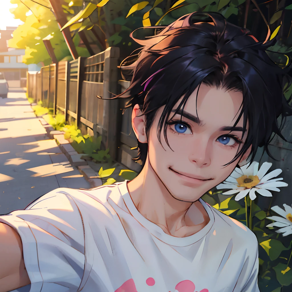 Boys，Sunny and cheerful，Handsome，With short black hair，Wearing a white T-shirt，The t-shirt has a small daisy print，Looking into the camera with a smile。The sun's rays illuminate his face，Hair blows in the wind，The background is the sea，Pink-purple sky。Please draw this scene in the Miyazaki style。