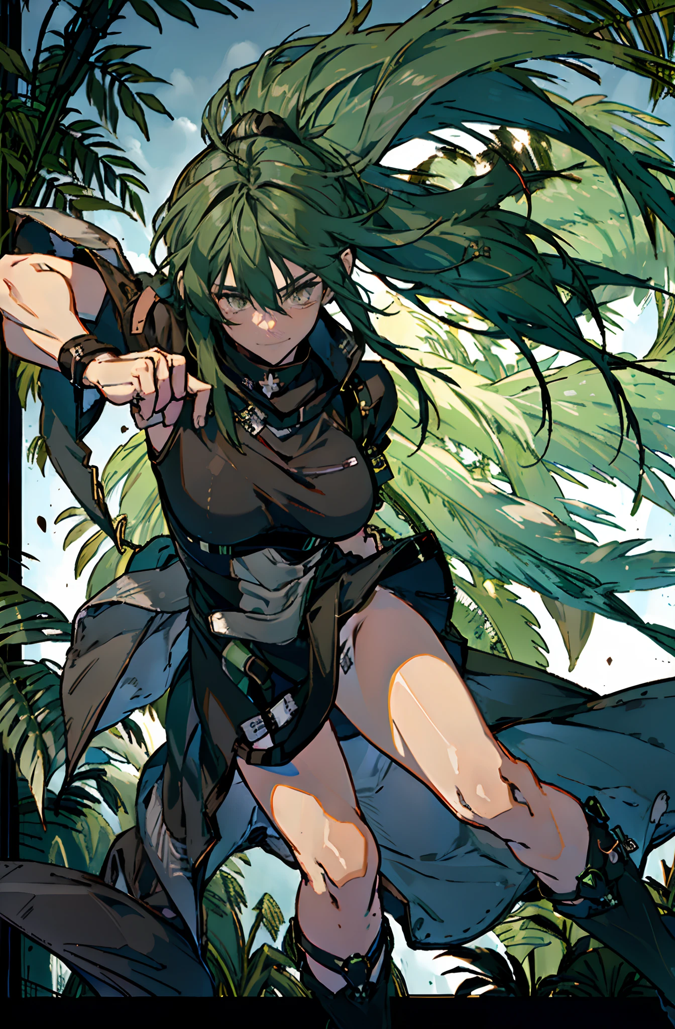 Pure sky，Plump legs，Green gem setting，Anime girl standing gracefully on the ground，Black cape and green hair, rogue anime girl, Anime girl standing, Wearing a cloak on the blasted plain, asuka suit under clothes!, Cyborg girl, badass posture, mechanic punk outfit, anime styled 3d, render of a cute 3d anime girl, gapmoe yandere grimdark, Female character，musculature，Abs，Glowing green eyes，Black hair with green gradient，extra very long hair，Bunched hair，Dull hair，（Muscle 2.0），Tomboyish，Be red in the face，looking at viewert，Elaborate Eyes，huge tit，1.5，ssmile，Openwork black silk，Straight big breasts，strappy，Black cutout miniskirt，White bandeau，High-fork panties，Toothless smile，Lower breast，Mechanical wind，There are no cities，Side breasts，Excitation，Top crotch，Sexy lower abdomen，Camel toes，Sexy underarms，See panties