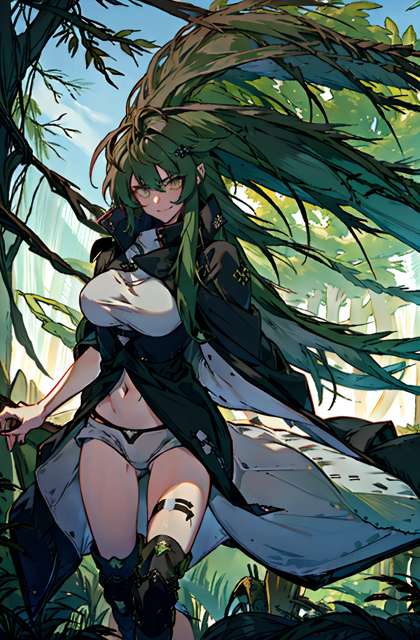 Pure sky，Plump legs，Green gem setting，Anime girl standing gracefully on the ground，Black cape and green hair, rogue anime girl, Anime girl standing, Wearing a cloak on the blasted plain, asuka suit under clothes!, Cyborg girl, badass posture, mechanic punk outfit, anime styled 3d, render of a cute 3d anime girl, gapmoe yandere grimdark, Female character，musculature，Abs，Glowing green eyes，Black hair with green gradient，extra very long hair，Bunched hair，Dull hair，（Muscle 2.0），Tomboyish，Be red in the face，looking at viewert，Elaborate Eyes，Black mechanical legs，huge tit，ssmile，Openwork black silk，Straight big breasts，strappy，White openwork hot pants，White bandeau，High-fork panties，Toothless smile，Lower breast，Mechanical wind，There are no cities，Side breasts，Excitation，Top crotch，Sexy lower abdomen，Camel toes，Sexy underarms，ultra gigantic tits