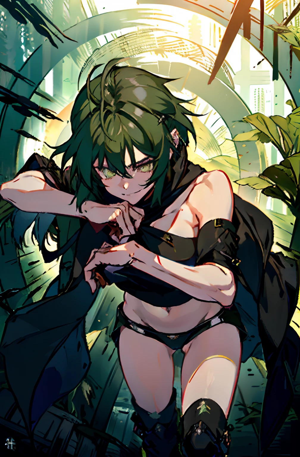 Pure sky,Plump legs,Green gem setting,Anime girl standing gracefully on the ground,Black cape and green hair, rogue anime girl, Anime girl standing, Wearing a cloak on the blasted plain, asuka suit under clothes!, Cyborg girl, badass posture, mechanic punk outfit, anime styled 3d, render of a cute 3d anime girl, gapmoe yandere grimdark, Female character,musculature,Abs,Glowing green eyes,Black hair with green gradient,short detailed hair,Bunched hair,Dull hair,(Muscle 2.0),Tomboyish,Be red in the face,looking at viewert,Elaborate Eyes,Black mechanical legs,huge tit,1.5,ssmile,Openwork black silk,Straight big breasts,strappy,Black openwork hot pants,White bandeau,Toothless smile,Lower breast,Mechanical wind,There are no cities,Side breasts,Excitation,Top crotch,Sexy lower abdomen,Camel toes,Sexy underarms,ultra gigantic tits,Raised his hand,cropped shoulders,High-fork panties