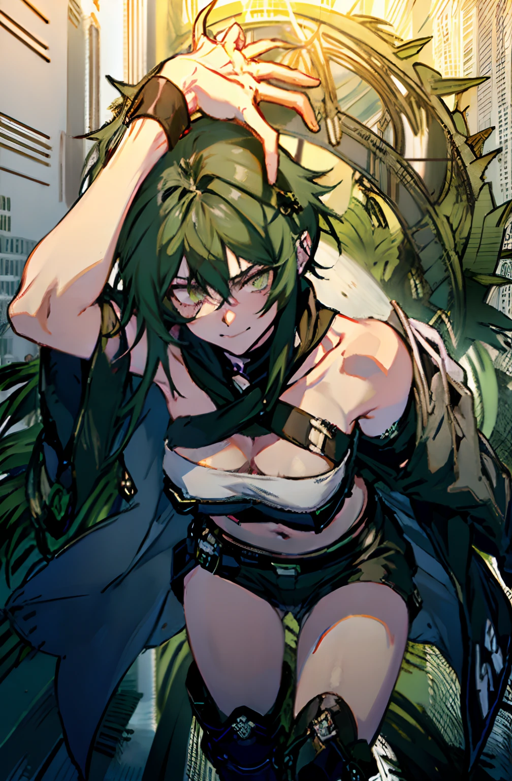 Pure sky,mechanical leg,Black mechanical legs,Plump legs,Green gem setting,Anime girl standing gracefully on the ground,Black cape and green hair, rogue anime girl, Anime girl standing, Wearing a cloak on the blasted plain, asuka suit under clothes!, Cyborg girl, badass posture, mechanic punk outfit, anime styled 3d, render of a cute 3d anime girl, gapmoe yandere grimdark, Female character,musculature,Abs,Glowing green eyes,Black hair with green gradient,short detailed hair,Bunched hair,Dull hair,(Muscle 2.0),Tomboyish,Be red in the face,looking at viewert,Elaborate Eyes,Black mechanical legs,huge tit,1.5,ssmile,Openwork black silk,Straight big breasts,strappy,Black openwork hot pants,White bandeau,Toothless smile,Lower breast,Mechanical wind,There are no cities,Side breasts,Excitation,Top crotch,Sexy lower abdomen,Camel toes,Sexy underarms,ultra gigantic tits,Raised his hand,Tie your hair backhanded,cropped shoulders,Drunken,Ambiguous eyes