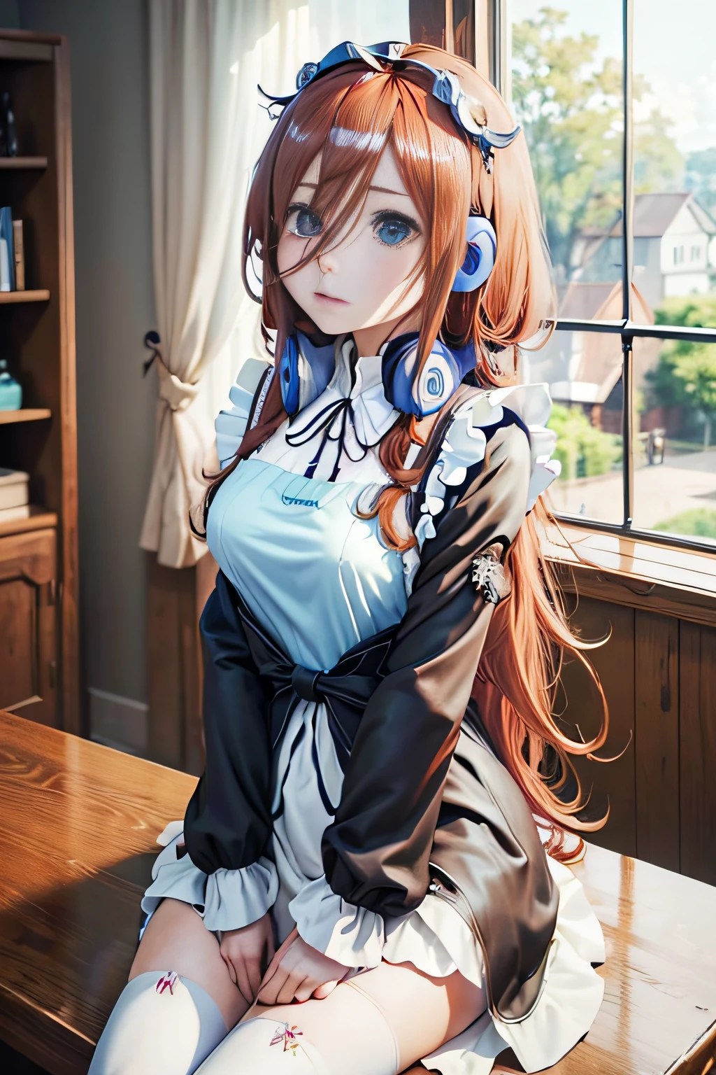 Colors with a calm atmosphere、​masterpiece, hightquality, Hi-Res, Idol、cute little、a beauty girl、Beautuful Women、女優、cowboy  shot, , sitting on, hoop earrings,Anime、(((head phone)))、((long-haired brown hair))、((maid clothes))、Synthesis of Miku Nakano and Rem、