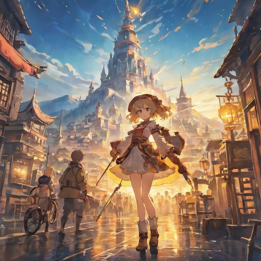 mountainous、by lake、Large space、High sky、suns、radiant light、Mechanical City、Steampunk elements、Victorian city atmosphere、Clear lake、idyllic scenery、