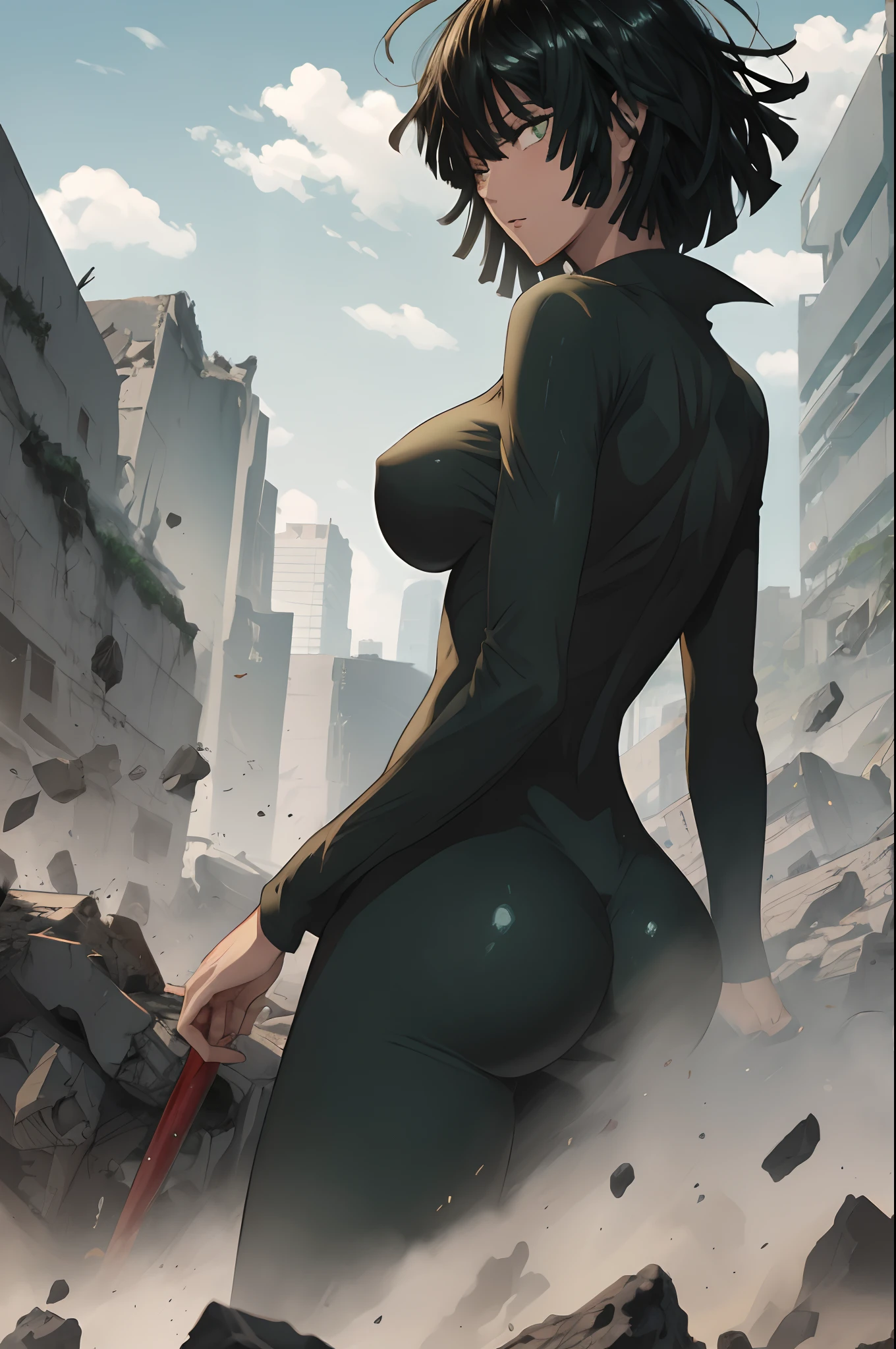 fubuki from one punch man, green eyes, short deep green hair, wearing V-neck bodysuit, running on a destroyed city, cinematic shadow, cinematic fog, blushing cheeks, shoking expression, dynamic pose, big breast, big hips, NSFW, back view, back view.