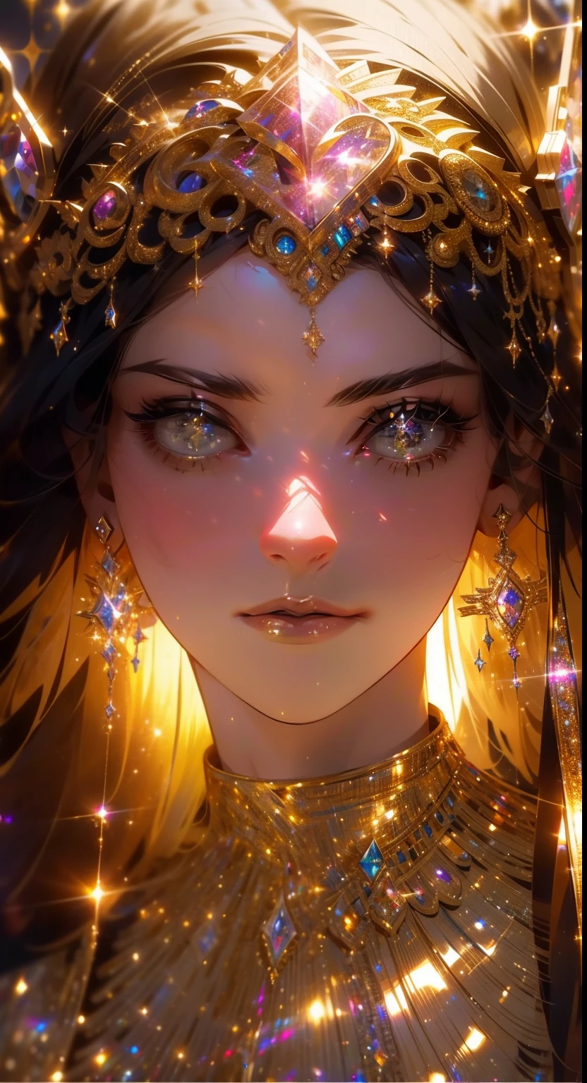 (masterpiece, best quality:1.2), 8k, insane details, intricate details, hyperdetailed, hyper quality, high detail, ultra detailed, professional, HDR, realistic, ray tracing reflection,
1girl, goddess, cinematic lighting, ornate, (glitter, sparkly golden:1.2), ornament, (diamond:1.1), crystal clear sparkling eyes