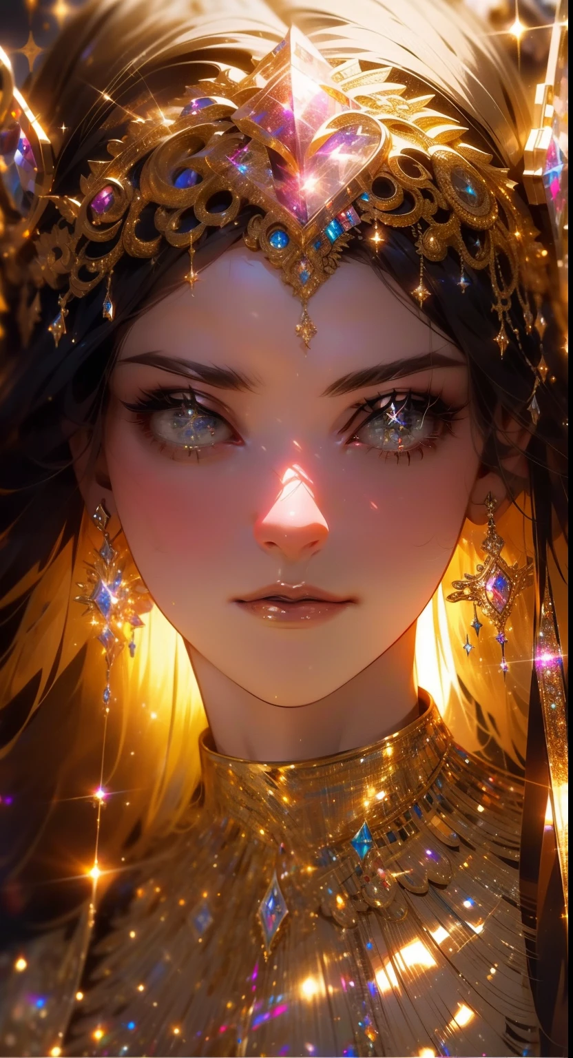 (masterpiece, best quality:1.2), 8k, insane details, intricate details, hyperdetailed, hyper quality, high detail, ultra detailed, professional, HDR, realistic, ray tracing reflection,
1girl, goddess, cinematic lighting, ornate, (glitter, sparkly golden:1.2), ornament, (diamond:1.1), crystal clear sparkling eyes