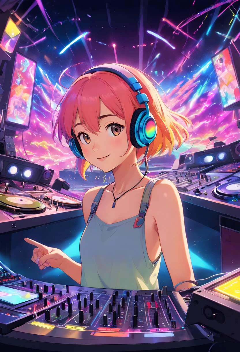 (​masterpiece、top-quality、8K )、Bird View、Overhead view camera work、Anime slender with colorful hair and headphones sitting at inorganic table on laptop, creature,Lightning, Neon rays, Beauty, Futuristic modern, Rock star, lock, urgent, Perfect, epicd, Bright colors, Volume Lighting, Best Shadows, Shallow depth of field, (of the highest quality, Amazing details: 1,25), Brilliant Colorful Paintings, Fancy, Magic, flicker, Glare, Neon Garland,intricate detailes,ultra-detailliert、one girls、Grinning 、(Live Stage:1.3),(turntable、Mixing Machine、Sampling Machine、Rhythm Box、mixer,synthesizer、Monitors:1.2),Stage Live Background、Spotlight from behind、Hyper realistic,Perfect Anatomy