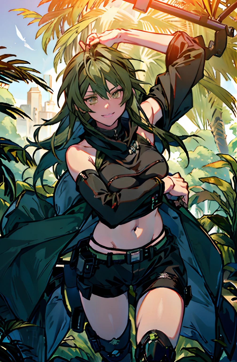 Pure sky，mechanical leg，Black mechanical legs，Plump legs，Green gem setting，Anime girl standing gracefully on the ground，Black cape and green hair, rogue anime girl, Anime girl standing, Wearing a cloak on the blasted plain, asuka suit under clothes!, Cyborg girl, badass posture, mechanic punk outfit, anime styled 3d, render of a cute 3d anime girl, gapmoe yandere grimdark, Female character，musculature，Abs，Glowing green eyes，Black hair with green gradient，short detailed hair，Bunched hair，Dull hair，（Muscle 2.0），Tomboyish，Be red in the face，looking at viewert，Elaborate Eyes，Black mechanical legs，huge tit，1.5，ssmile，Openwork black silk，Straight big breasts，strappy，Black openwork hot pants，White bandeau，Toothless smile，Lower breast，Mechanical wind，There are no cities，Side breasts，Excitation，Top crotch，Sexy lower abdomen，Camel toes，Sexy underarms，ultra gigantic tits，Raised his hand，Tie your hair backhanded，cropped shoulders，High-fork panties