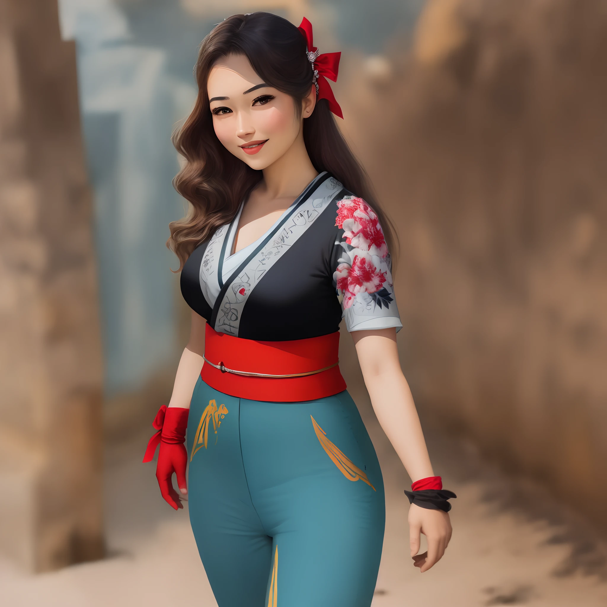 Masterpiece, Best quality,1girll, Solo, nakorurums, Red bow, bow, Long hair, Hair accessories hair bye, Ainu clothes, Solo, shairband, Black hair, Fingerless gloves, Short sleeves, mitts, sash, bangs, red hairband, Breasts, Brown eyes, White pants, Japanese clothes, Masterpiece, Light smile, (illustration: 1.5), running towards the viewer