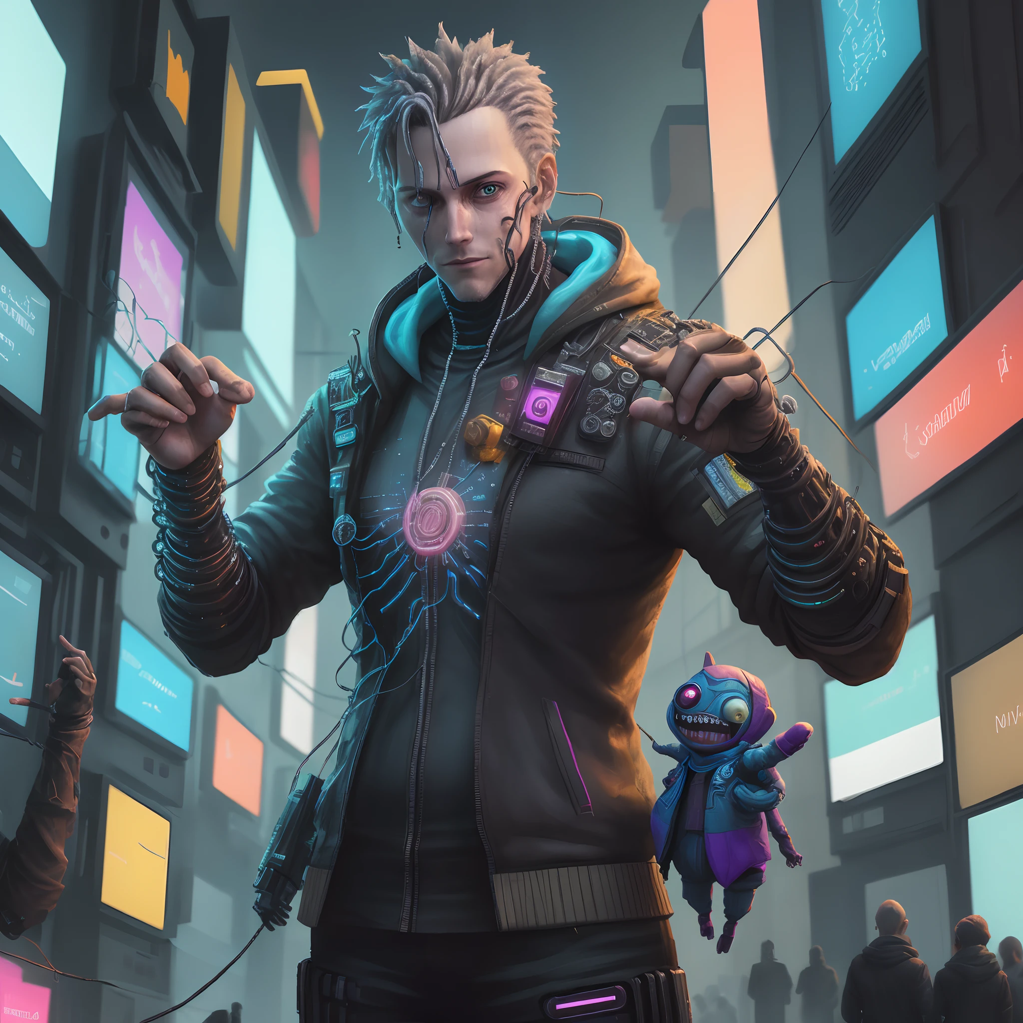 Cyberpunk netrunner hacking, mimicking the pose of a puppeteer, strings of a data flowing from his fingertips
