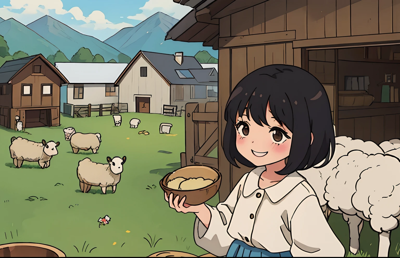 A anime  girl with black hairs in brown and white vintage clothes smiling feeding hay to sheeps