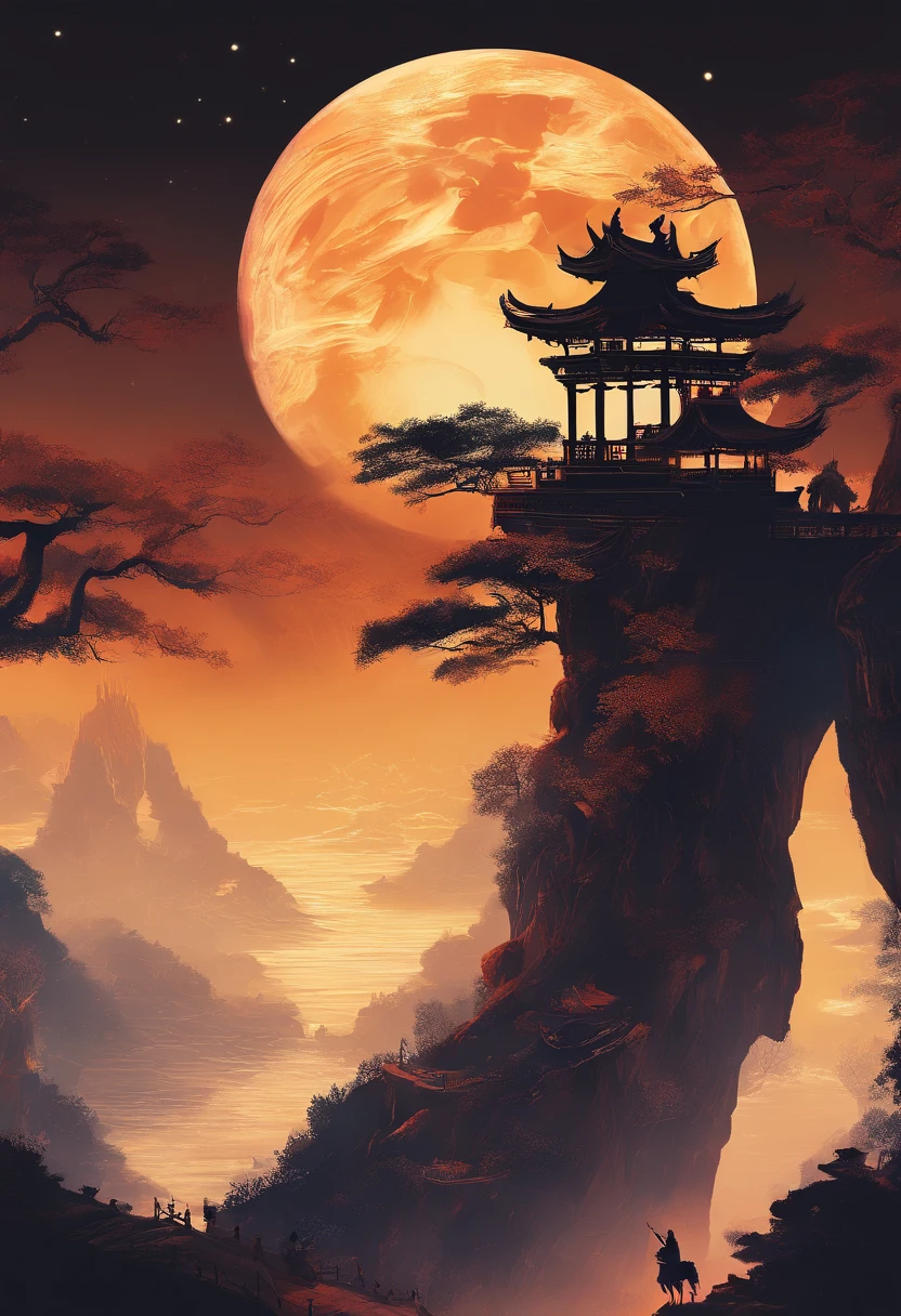 (Tang dynasty style),(A cliff illuminated by a huge moon),A poet standing on the edge of a cliff,Ultra-long-range viewing angle