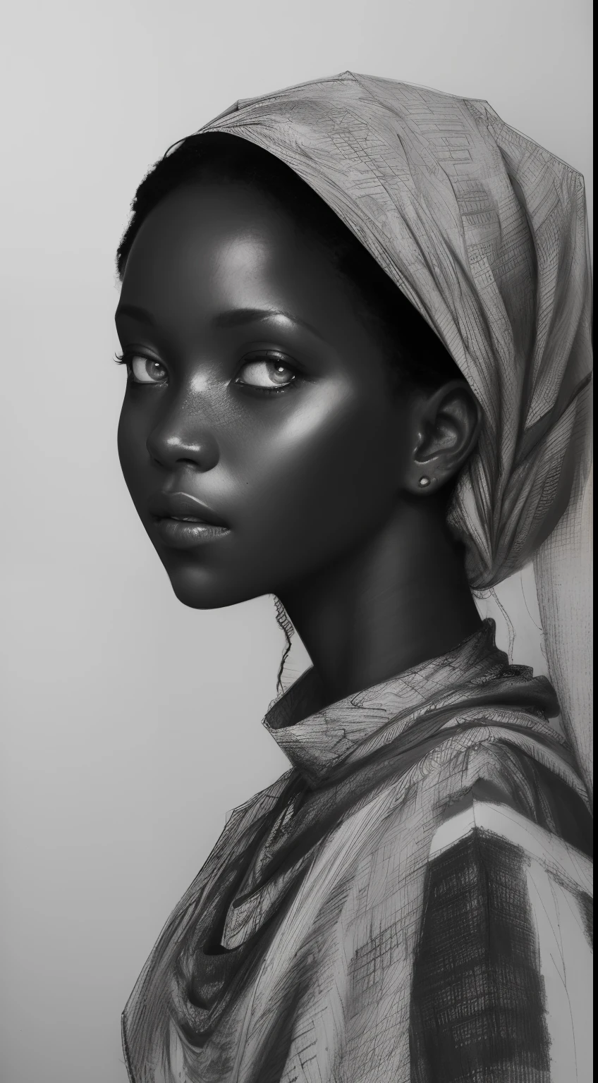 ((high quality, masterpiece:1.4)), 1girl, ((upper body)), portrait sketch of an african woman wearing a veil, messy drawing, messy charcoal spots, unfinished sketch, sketchbook charcoal style drawing of a woman, sketchbook drawing, sketchbook, beautiful hair, medium short hair, beautiful face, symmetrical face, symmetrical eyes, ((paper material background)), realistic charcoal lines, imperfect drawing, charcoal crumbs, charcoal lines, imperfection, fading sketch, sQueratogray Sketch (eddiemauro-mix)