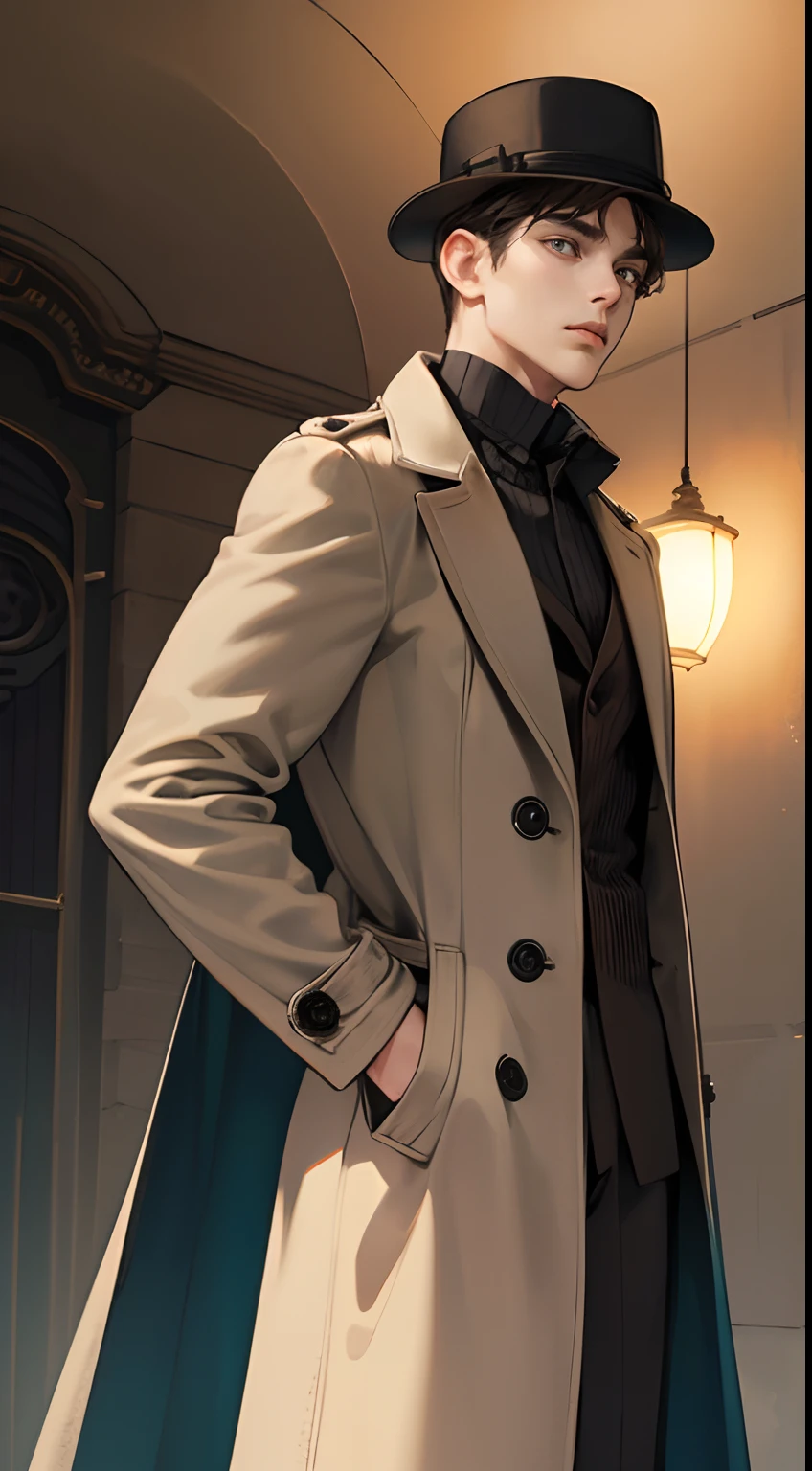 masterpiece, best quality, realistic, 1man, mature male, quiet and charming young man, 25 years old, close his eyes, serious look, extremely detailed face, ((dark grey eyes)), ((short-right-swept dark brown hair)), [thick eyebrows], detective, ((Dressed in a classic overcoat and fedora hat)), cinematic lighting, looking at the audience, posture dynamics, Victorian era