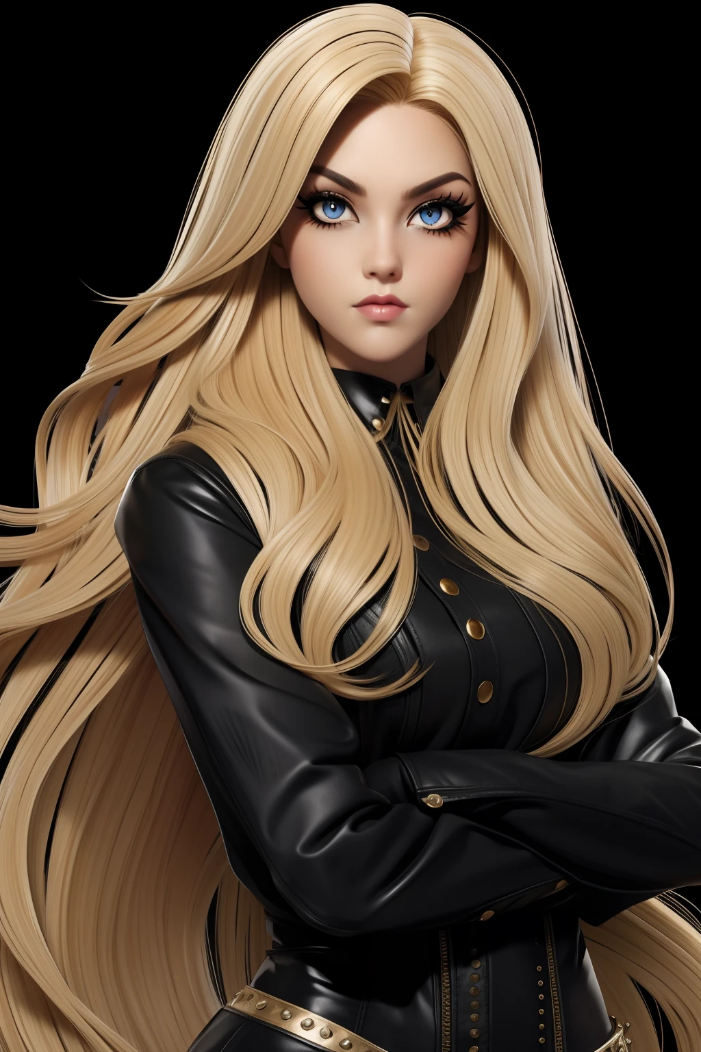 Blonde long hair Emo Pin up Girl, Black Faux, Lustrous zomp eyes, Striking a pose