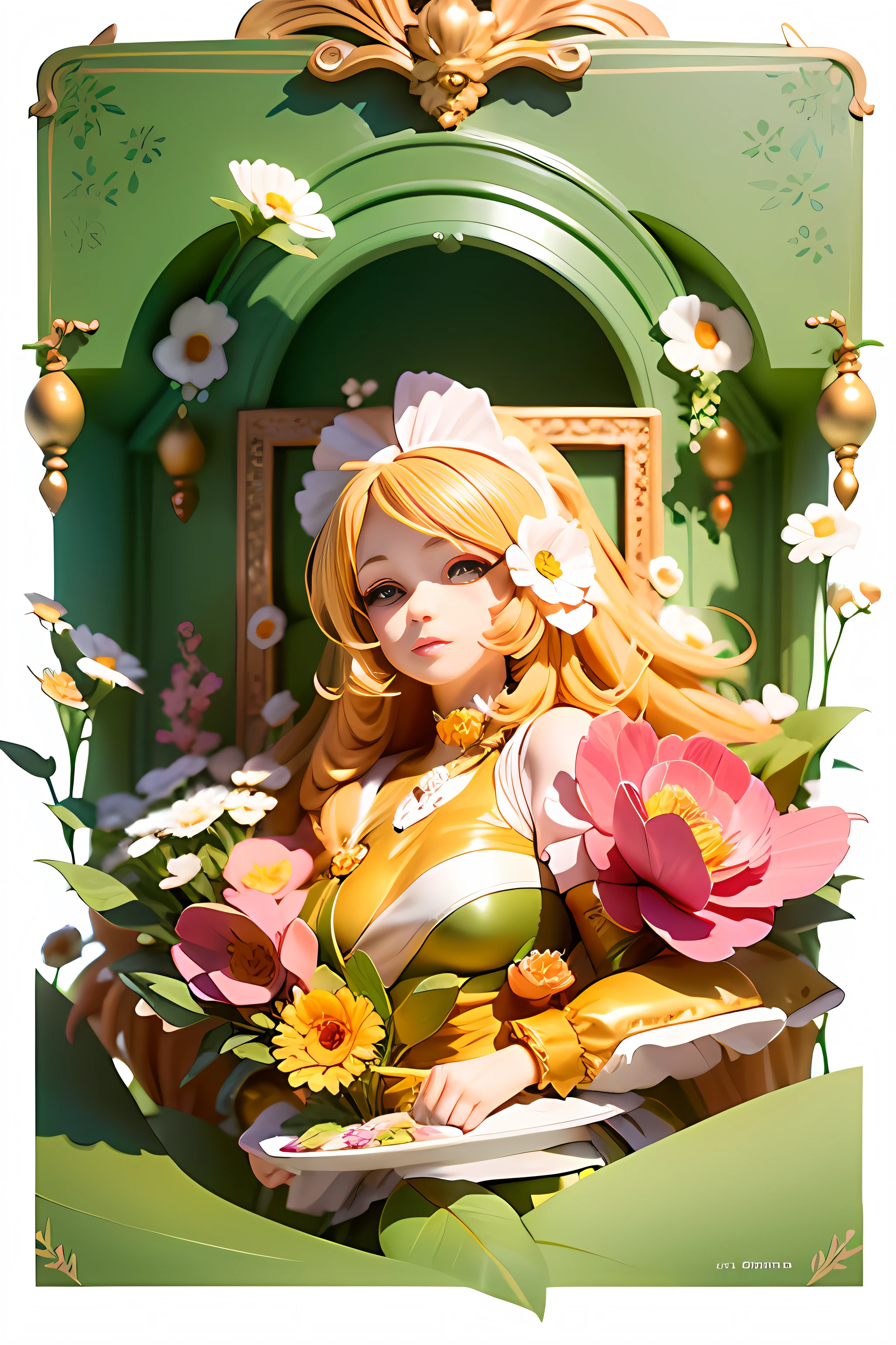 A cartoon girl,Holding a flower in hand,A picture of a flower, anime art nouveau, Official illustration, kagamine rin, , lollipop, offcial art, Anime style illustration, flower goddess, anime graphic illustration, korean art nouveau anime, a maid in a magical forest, official fanart, flower queen, anime illustration, portrait of magical girl