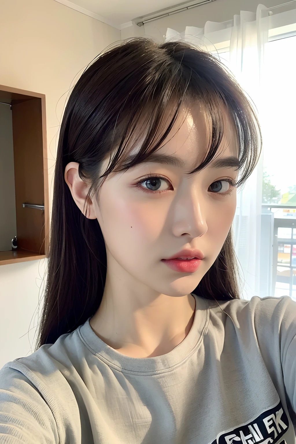 ((Best quality, 8k, Masterpiece :1.3)), 1girl,(random hairstyles), Casual outfit :1.2, Indoor, Ultra-detailed face, Detailed eyes, Double eyelid, selfie for background