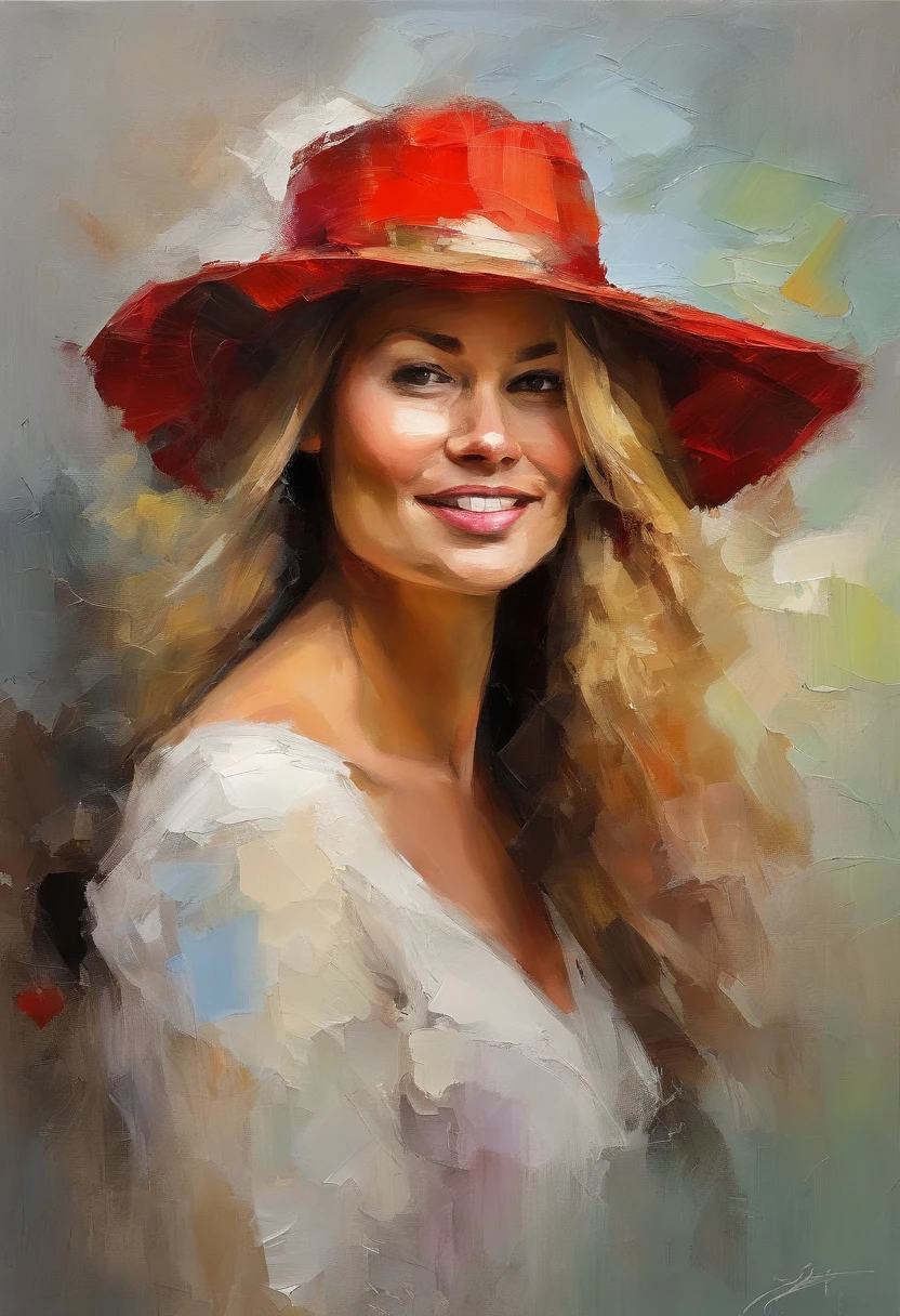 Female portrait, very beautiful woman, long blond hair, smiling eyes, looking right at the point of view, red hat, no dress, acrylic painting, bold and expressive brushwork with thick textured paint, impressionistic style, very fine detailed face, epic background, background frames the woman on top and sides, expert lighting and shadows, fine art painting, Junyi Liu.
