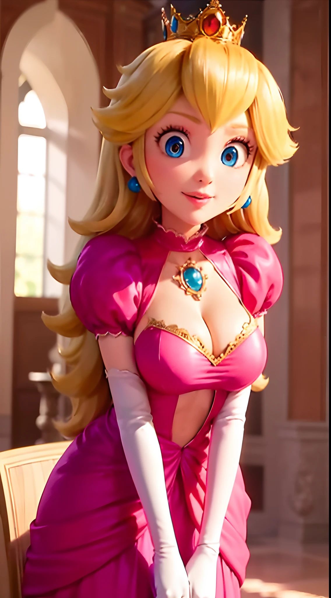 (Inside a castle setting,) A ite Princess Peach wearing a beautiful hot pink dress, she is gentle and compassionate and is shown smiling gently, she is over 6 feet tall and wears a golden crown atop her blond hair and white gloves. With a focus on her large alluring chest, (large chested, decolletage, (she is dipicted leaning forward showing off her decolletage)), she is depicted in a close-up shot from below.