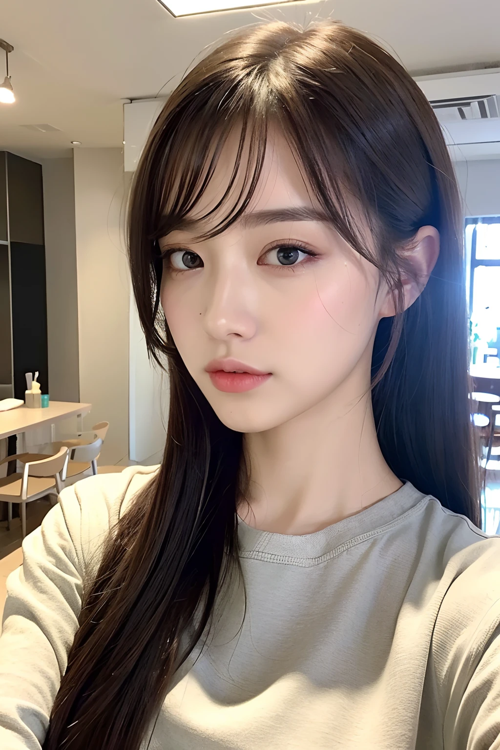 ((Best quality, 8k, Masterpiece :1.3)), 1girl,(random hairstyles), Casual outfit :1.2, Indoor, Ultra-detailed face, Detailed eyes, Double eyelid, selfie for background