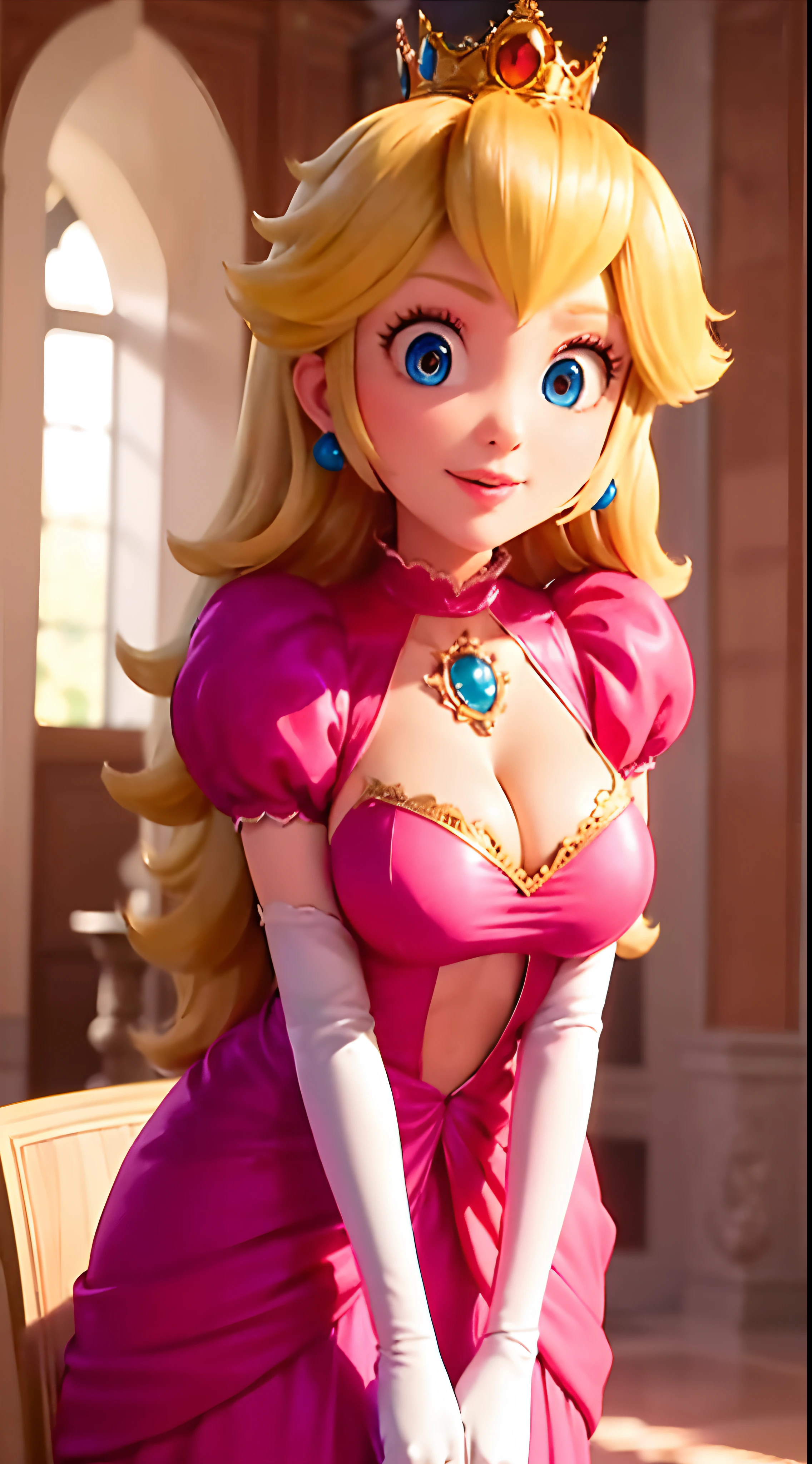 (Inside a castle setting,)  A ite Princess Peach wearing a beautiful hot pink dress, she is gentle and compassionate and is shown smiling gently, she is over 6 feet tall and wears a golden crown atop her blond hair and white gloves. With a focus on her large alluring chest, (large chested, decolletage, (she is dipicted leaning forward showing off her decolletage)), she is depicted in a close-up shot from below.