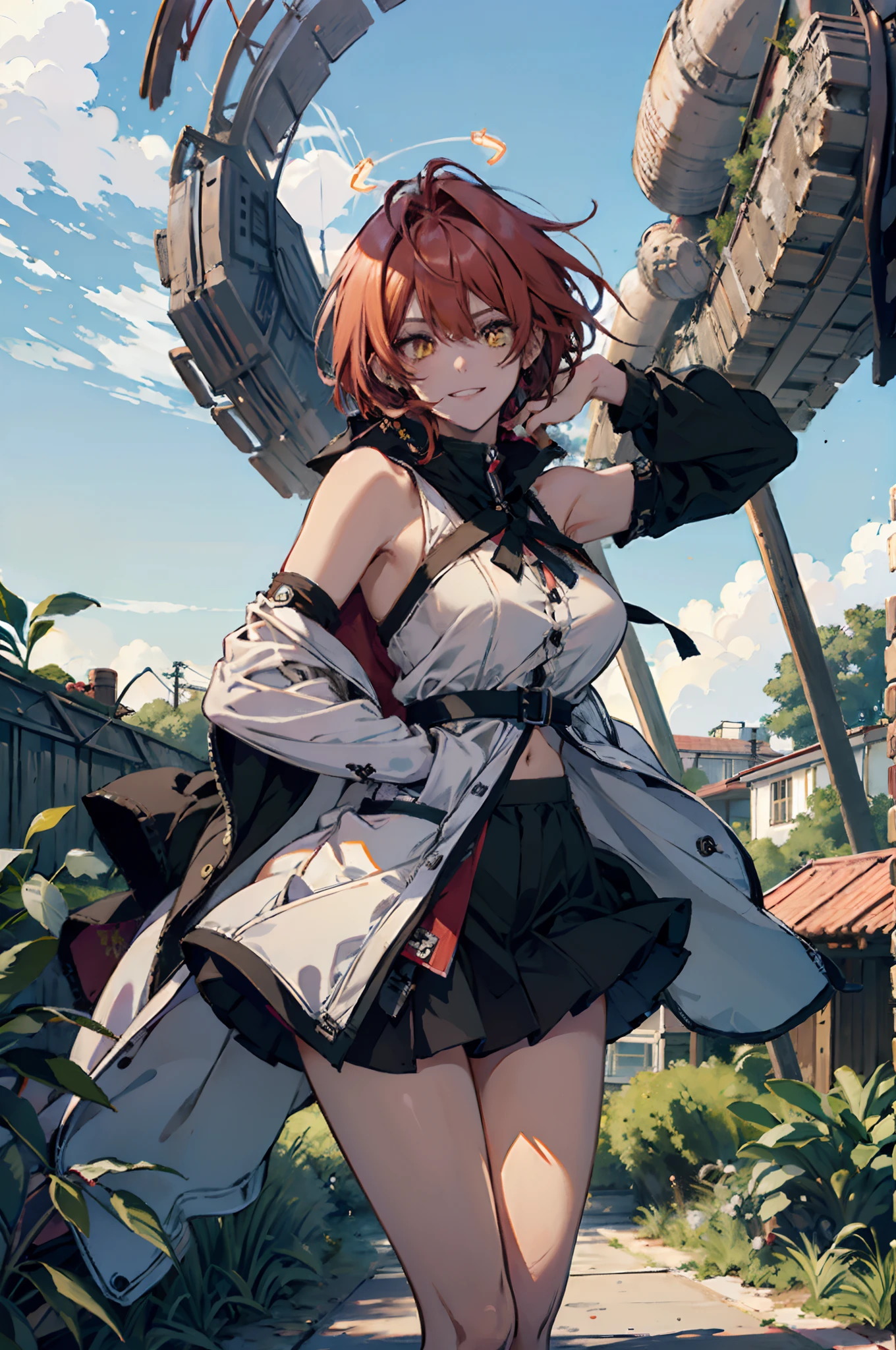 Pure sky，Plump legs，Anime girl standing gracefully on the ground，Black cape and red hair, rogue anime girl, Anime girl standing, Wearing a cloak on the blasted plain, asuka suit under clothes!, angel girl, badass posture, mechanic punk outfit, anime styled 3d, render of a cute 3d anime girl, gapmoe yandere grimdark, Female character，musculature，Abs，glowing bright yellow eyes，Bright red hair，short detailed hair，Dull hair，（Muscle 2.0），Tomboyish，Be red in the face，looking at viewert，Elaborate Eyes，huge tit，1.5，Put your hands in your pockets，ssmile，blacksilk，Straight big breasts，strappy，Black hot miniskirt，White bandeau，Toothless smile，Lower breast，Mechanical wind，There are no cities，Side breasts，Excitation，Top crotch，Sexy lower abdomen，extremely large bosom，High-fork panties，looking at viewert，nabel，chest-hugging，The halo，dynamicposes，Tall anime girl，cropped shoulders，Clean and pure sky，Place the index finger of your right hand in front of your mouth，over knee socks