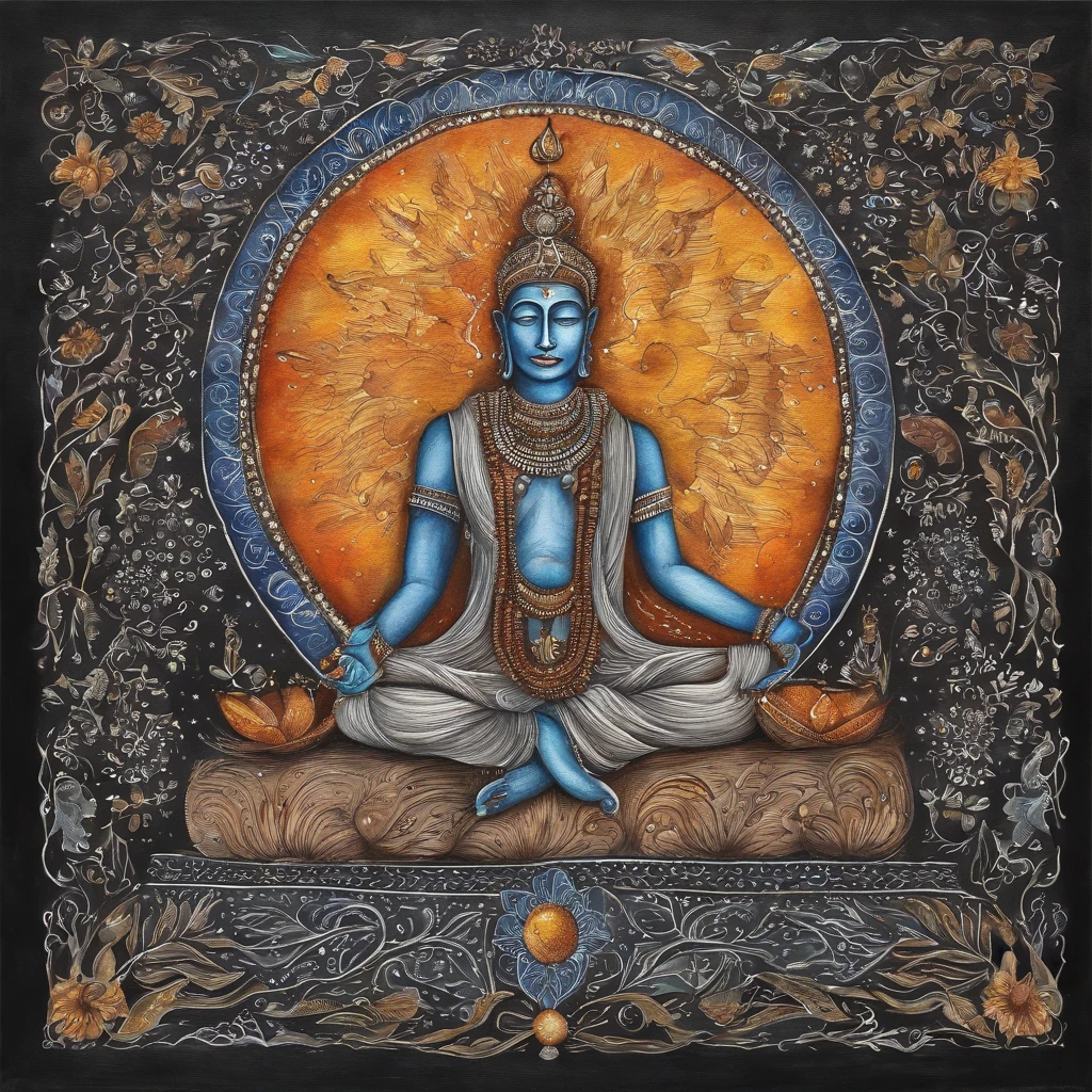 Artistic painting of man with drad in hair, bead necklace around the neck, both arms raised, sitting in a meditation pose, fundo preto, com planetas e estrelas with face mask