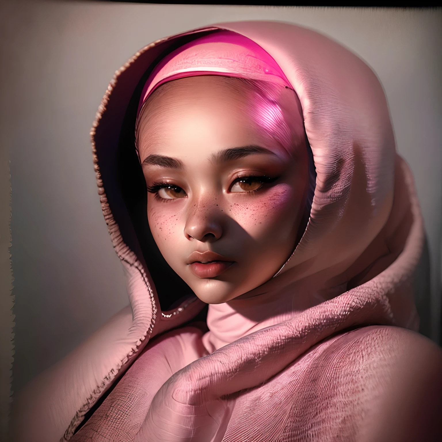 A photo portrait of a beautiful malay girl with hijab and few freckles, (plain pastel pink hijab), (medium shot portrait:1.3), dramatic light , Rembrandt lighting scheme, (hyperrealism:1.2), (8K UHD:1.2), (photorealistic:1.2), shot with Canon EOS 5D Mark IV, detailed face, detailed skin texture