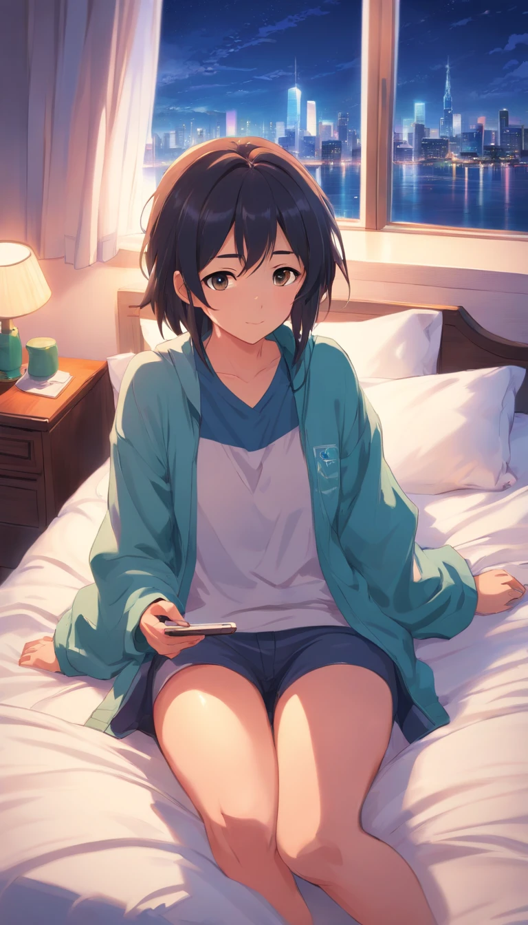 A girl playing with her video game console while lying on her bed wearing a blouse but no pants or underwear (pelo negro)(ojos azules)(pechos medianos)(con curvas anchas)