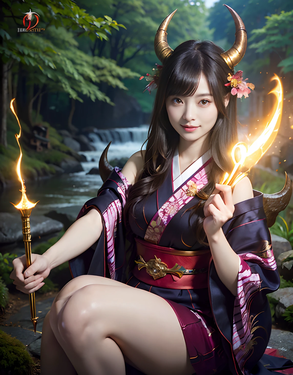 (((masutepiece,))),Professional , ​masterpiece、top-quality、photos realistic , depth of fields 、Raw photo、1a person、glowy skin、（sexypose）、(Black maple on the background of full bloom),（Ultimate Beauty）、A dark-haired、Mystical expression、ultrasharp、（shrine background)、（Kimono with beautiful pattern）、（Night background）、Beautiful hair ornament on the head、,(intense fighting）,（（Precipitous cliffs））,(Wear a beautiful kimono),（Wear a colorful and beautiful kimono）、（Japan Castle Background）、Jewel Gold Weapon、Particles of light),(intense fighting）、Gorgeous gold weapons ,Castle background、（（ Gorgeous Dragon Sword）） , （a dark night）,,（maikurobikini） 、（（Black Haired Beautiful Girl））、（Castle background）、（demonic wings）、（（Gangle's forest background））、Beautiful Caucasian beauty、１a person、dynamic ungle,(((Two devil's horns on the head)))、Smaller head、Idle Smile、Thin and beautiful female hands、Mystical expression、Light Effects、intense fighting、Wind-effect、magic circles、With the legendary magic wand、Dragon's tail、Anatomically correct fingers、Full Body Angle、Anatomically correct number of fingers、