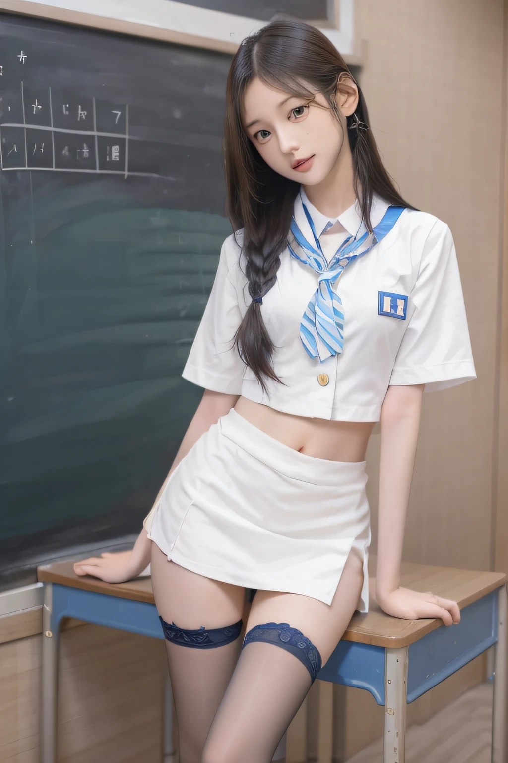 Raw photo, Candid, Textured skin, 1 girl, (long hair:1.2), pale skin, Japan person, glasses, small, young, tall, bright blue eyes, one ear out, sailor suit, arms raised, sitting, squatting, open legs, slender body, medium build, small waist, wide thighs, photorealistic, top quality, 8k, masterpiece