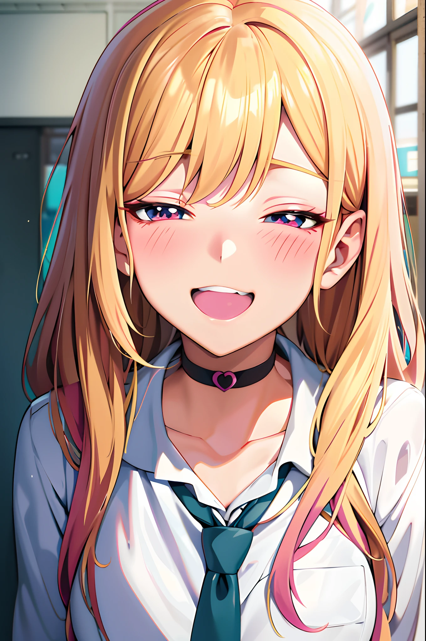 Anime girl with long blonde hair and black tie in pink shirt, Anime appearance of cute girls, long-haired blonde anime girl, mischievous grin, beautiful high school anime girl, anime visual of a young woman, extremely cute anime girl face, Best Girl Anime, Menina does anime Chamada Lucy, radiantsmile, Anime portrait of Shiina Ringo