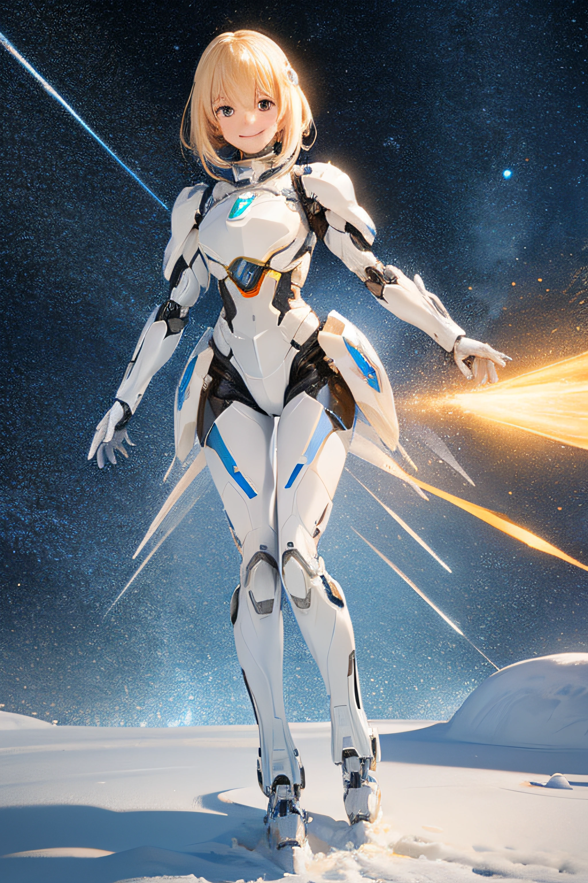Android mech girl with ultra detailed white gold body armour, alone, smiling, blond hair, white glass shards, crystallization, night sky, winter night, starry sky, shooting star crossing, solo, silence, rendering, best quality, masterpiece, full body, particle light effects, rendering, fractals,