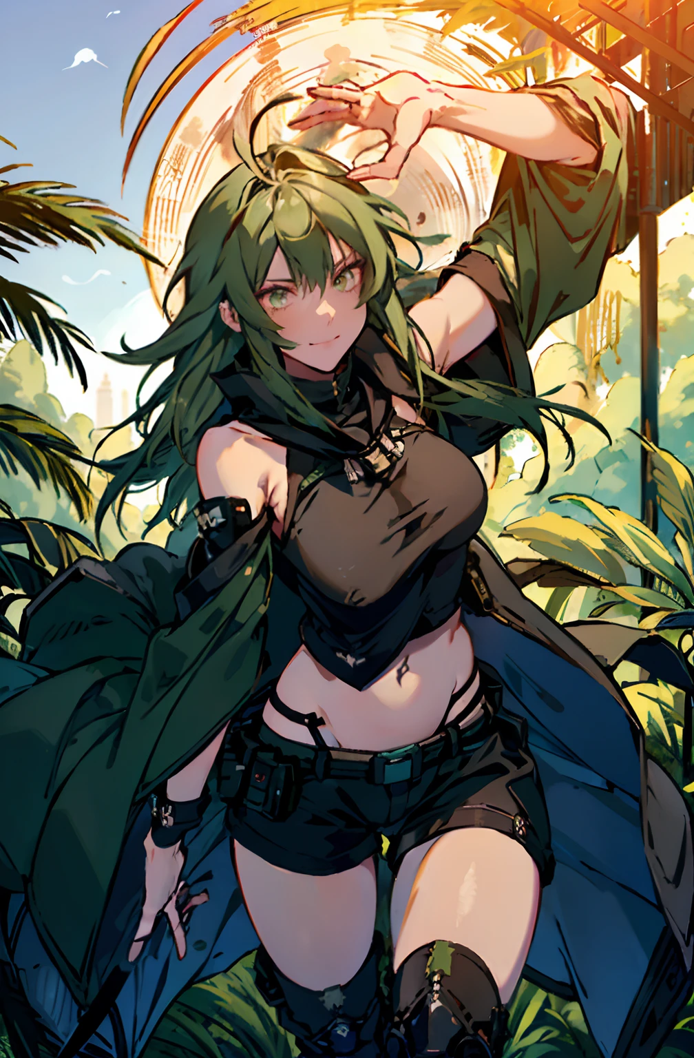 Pure sky，mechanical leg，Black mechanical legs，Plump legs，Green gem setting，Anime girl standing gracefully on the ground，Black cape and green hair, rogue anime girl, Anime girl standing, Wearing a cloak on the blasted plain, asuka suit under clothes!, Cyborg girl, badass posture, mechanic punk outfit, anime styled 3d, render of a cute 3d anime girl, gapmoe yandere grimdark, Female character，musculature，Abs，Glowing green eyes，Black hair with green gradient，short detailed hair，Bunched hair，Dull hair，（Muscle 2.0），Tomboyish，Be red in the face，looking at viewert，Elaborate Eyes，Black mechanical legs，huge tit，1.5，ssmile，Openwork black silk，Straight big breasts，strappy，Black openwork hot pants，White bandeau，Toothless smile，Lower breast，Mechanical wind，There are no cities，Side breasts，Excitation，Top crotch，Sexy lower abdomen，Camel toes，Sexy underarms，ultra gigantic tits，Raised his hand，Tie your hair backhanded，cropped shoulders，High-fork panties