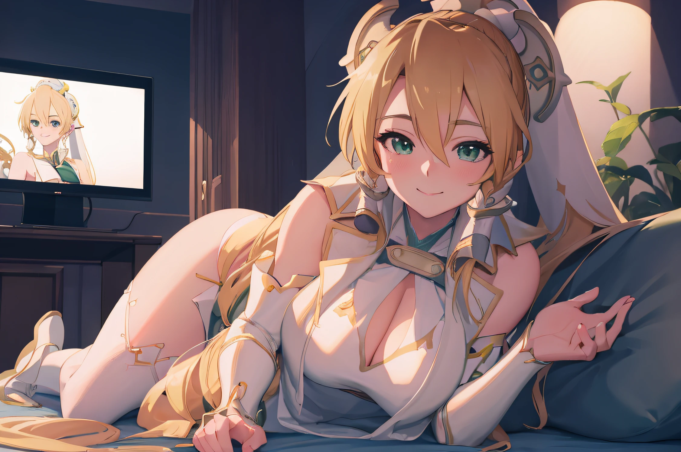 (masterpiece, best quality, detailed) ,1girl leafa ponytail,laying on a bed,seductive anime girl, attractive anime girl, smooth anime cg art, pretty anime girl, 4k anime wallpaper, at pixiv, sexy pose,eye details,teasing smile, clean detailed anime art,high resolution, (perfect hands, perfect anatomy),