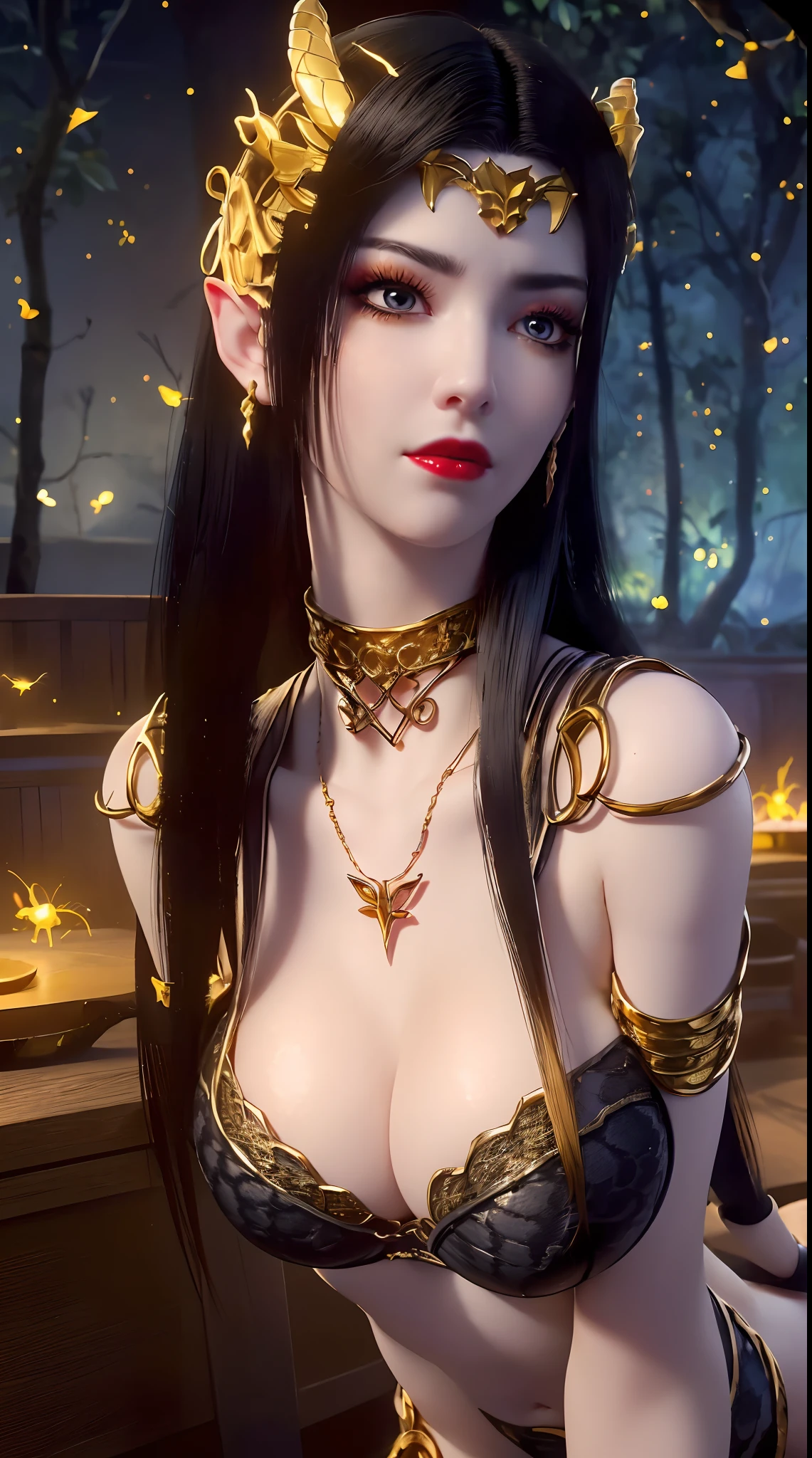 1 beautiful and sexy 20 year old girl, ((wearing a very beautiful and sexy antique bikini:1.6)), ((motifs and rhinestones on the bra:1.7)), ((long black hair:1.6)), jewelry elaborately made from precious stones and beautiful hair, ((wearing a 24k gold lace necklace:1.4))), ((A thin red silk scarf covers half of the face:1.5)), the noble, noble style of an extremely beautiful girl, her small face is super cute, her face is very pretty, thin eyebrows, flawless beautiful face, ((black eye pupils: 0.8)), very beautiful eyes, ((platinum blue eyes: 1.6)), (((big round eyes:1.6))), nice makeup and hair detailed eyelashes, steamy eye makeup, high nose, earrings, red lips, ((closed mouth: 1.5)) beautiful lips, slim hands, most beautiful thighs, ((arms spread out to the sides: 1.5)), rosy face, clean face, flawless beautiful face, smooth white skin, (big breasts: 1.5)), ((high breasts: 1.6)), tight breasts, beautiful cleavage, (((big breasts and super round: 1.8))), ((super tight breasts: 1.7)) , beautiful breasts, perfect body, back arms, chest out, thin black mesh stockings with black lace trim, 8k photo, super high quality, super realistic, super 10x pixels, optical, bright studio, bright edges, dual-tone lighting, (high-detail skin:1.2), super 8k, soft lighting, high quality, volumetric lighting, photorealistic, photorealistic high resolution, lighting, best photo, 4k, 8k quality, blur effect, smooth sharp, 10 x pixel, ((Giant white python in the night and fireflies background:1.5)), aurora, lightning, super graphics realistic, most realistic graphics, 1 girl, alone, solo, Extremely sharp image, surreal, (((frontal portrait: 1)))."