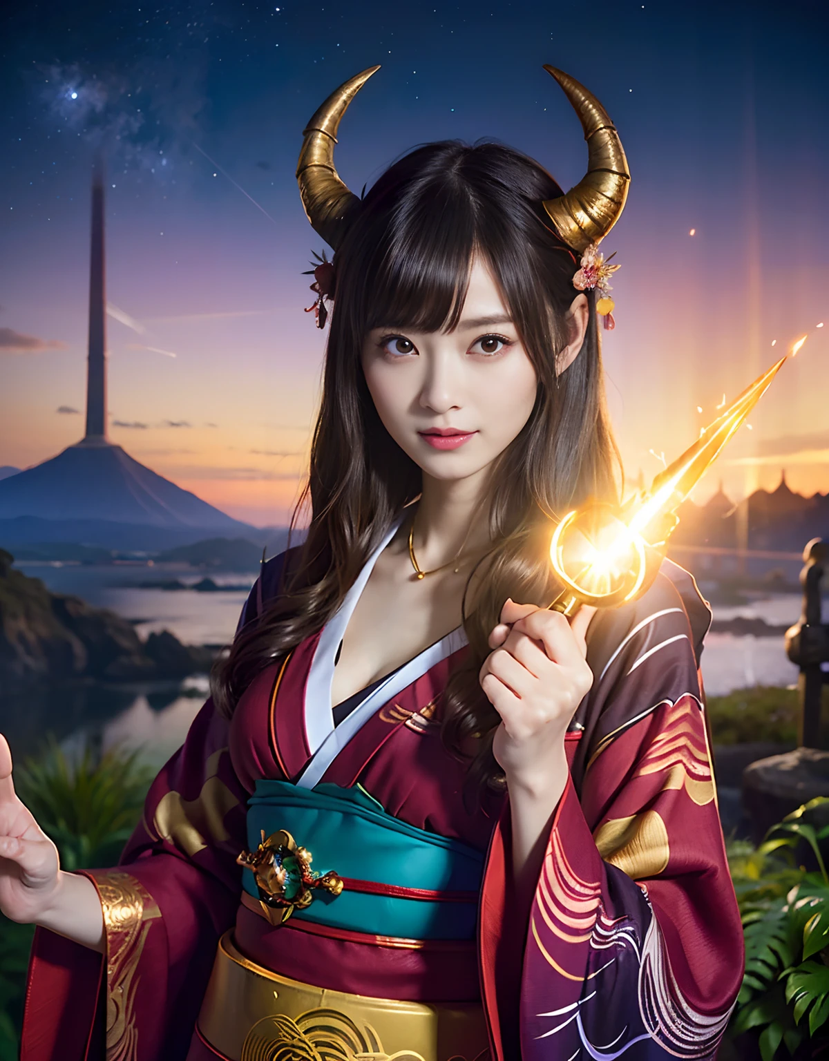 (((masutepiece,))),Professional , masterpiece、top-quality、photos realistic , depth of fields 、Raw photo、女の子1a person、glowy skin、(sexypose)、(Black maple on the background of full bloom),(Ultimate Beauty)、A dark-haired、Mystical expression、ultrasharp、(shrine background)、(Kimono with beautiful pattern)、(Night background)、Beautiful hair ornament on the head、,(intense fighting),((Precipitous cliffs)),(Wear a beautiful kimono),(Wear a colorful and beautiful kimono)、(Japan Castle Background)、Jewel Gold Weapon、Particles of light),(intense fighting)、Gorgeous gold weapons ,Castle background、(( Gorgeous Dragon Sword)) , (a dark night),,(maikurobikini) 、((Black Haired Beautiful Girl))、(Castle background)、(demonic wings)、((Gangle's forest background))、Beautiful Caucasian beauty、1a person、dynamic ungle,(((Two devil's horns on the head)))、Smaller head、Idle Smile、Thin and beautiful female hands、Mystical expression、Light Effects、intense fighting、Wind-effect、magic circles、With the legendary magic wand、Dragon's tail、Anatomically correct fingers、Full Body Angle、Anatomically correct number of fingers、