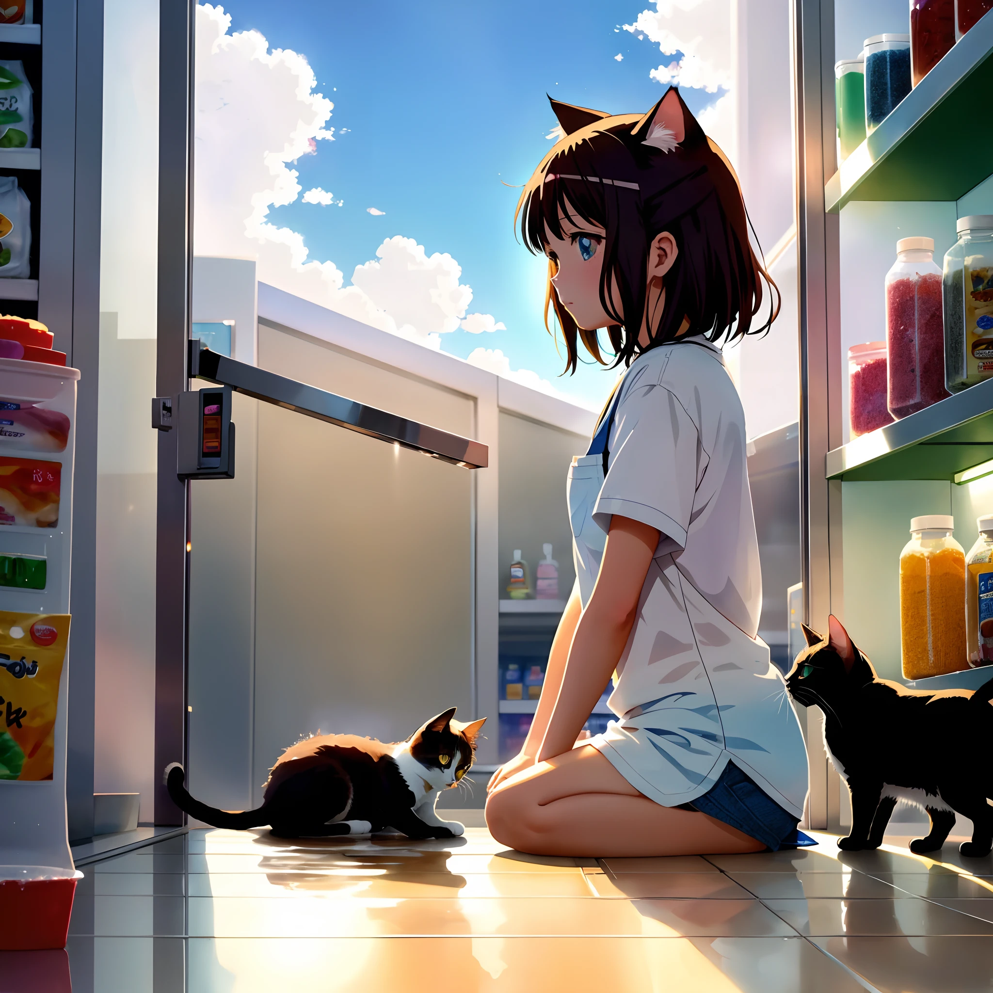 Girl at the counter of the store, the anime, The cat washes itself, higly detailed, The sky, Luz Divina, Crowded