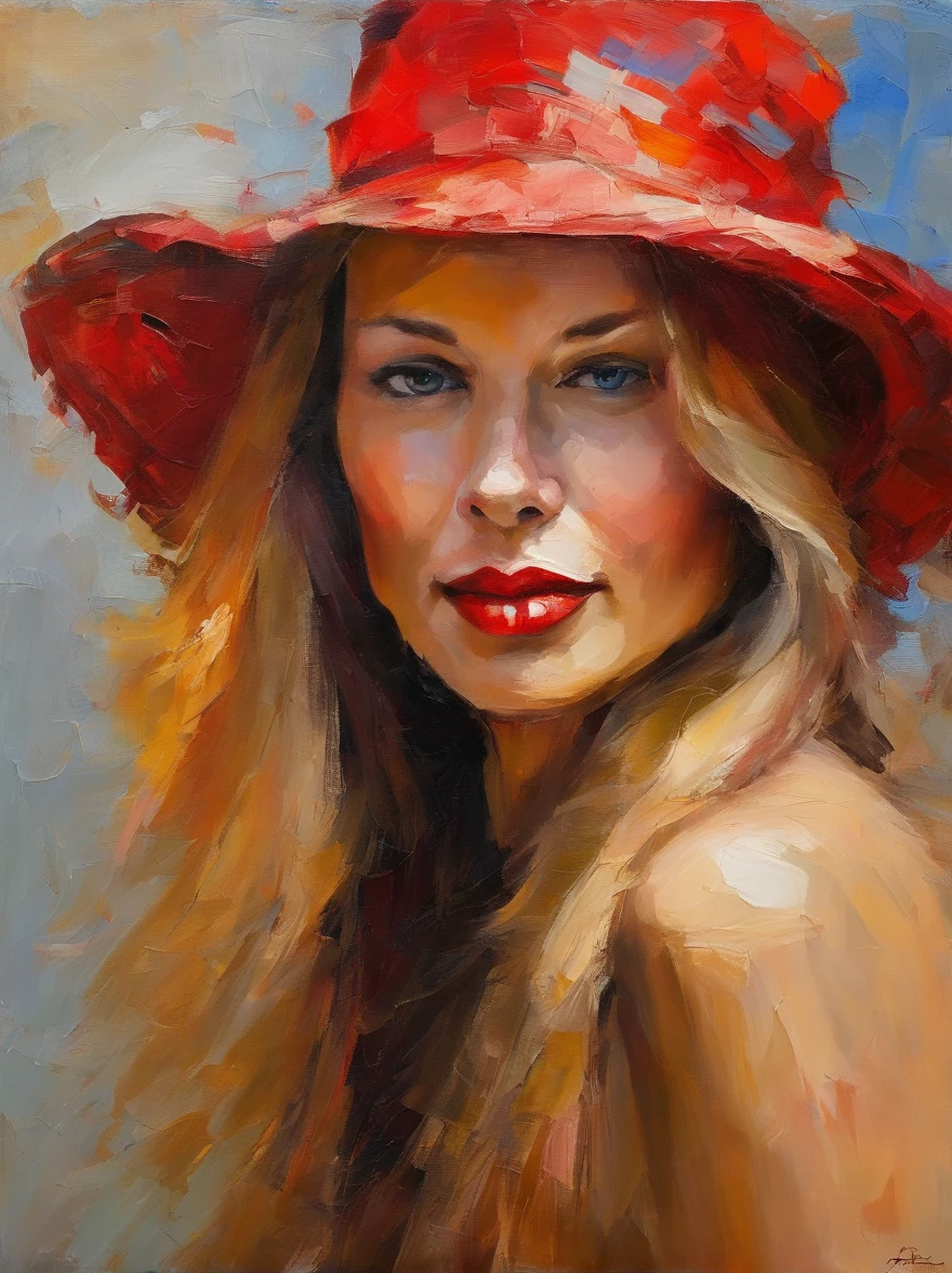 Female portrait, very attractive looking woman, long blond hair, smiling eyes, looking right at the point of view, red hat, ((no dress)), acrylic painting, bold and expressive brushwork with thick textured paint, impressionistic style, very fine detailed face, epic background, background frames the woman on top and sides, expert lighting and shadows, fine art painting, Junyi Liu
