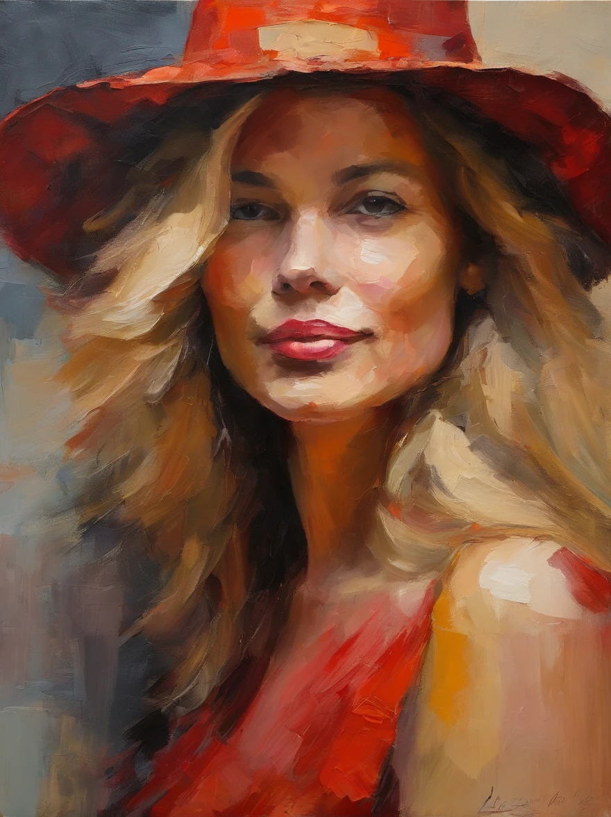 Female portrait, very attractive looking woman, long blond hair, smiling eyes, looking right at the point of view, red hat, ((no dress)), acrylic painting, bold and expressive brushwork with thick textured paint, impressionistic style, very fine detailed face, epic background, background frames the woman on top and sides, expert lighting and shadows, fine art painting, Junyi Liu