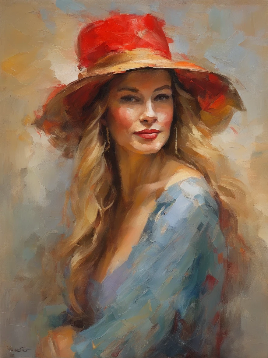 Female portrait, very beautiful woman, long blond hair, smiling eyes, looking right at the point of view, red hat, no dress, acrylic painting, bold and expressive brushwork with thick textured paint, impressionistic style, very fine detailed face, epic background, background frames the woman on top and sides, expert lighting and shadows, fine art painting, Junyi Liu.