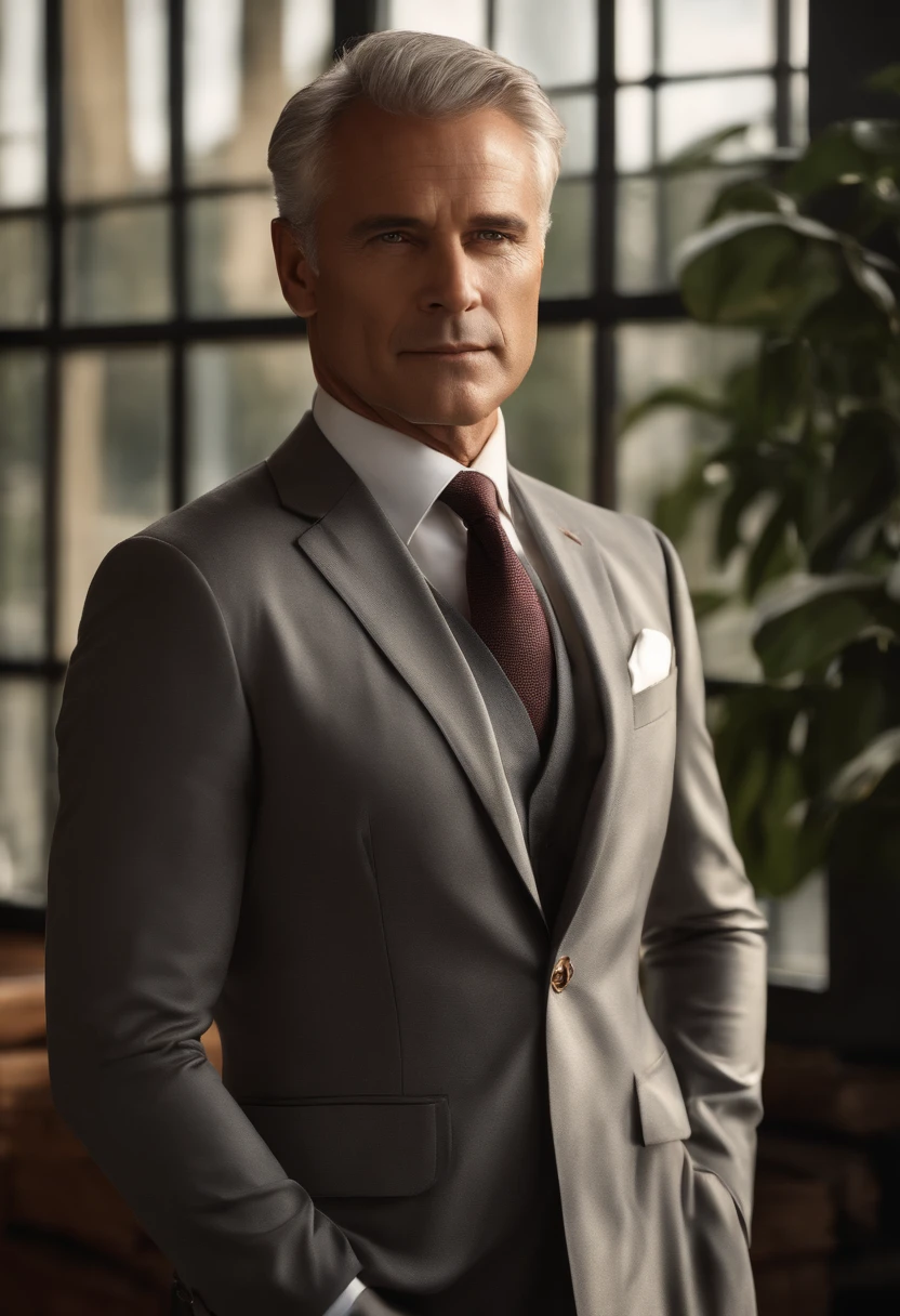 middle-aged man, serious expression, neat and tidy appearance, confident posture, standing by a window, sunlight shining on his face, wearing a tailored suit, carrying a briefcase, a hint of gray hair, piercing eyes, distinguished look, faint smile, a hint of wisdom and experience, professional background, successful businessman, elegant and refined, regal aura, sophisticated charm, high-res image quality, ultra-detailed features, crisp focus, realistic skin texture, vibrant colors, warm color tones, natural lighting, sophisticated and timeless artwork.