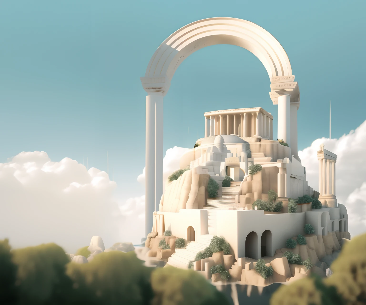 There is a small white building on the mountain，there are archways, greek fantasy landscape, Greek temple background, Temple background, ancient marble city, monolithic temple, surrealistic roman architecture, mount olympus, background depicting a temple, Greek temple, ancient greek temple, Ancient temple, ancient city of white stone, arte renderizada, 3 d render stylized, greek fantasy panorama