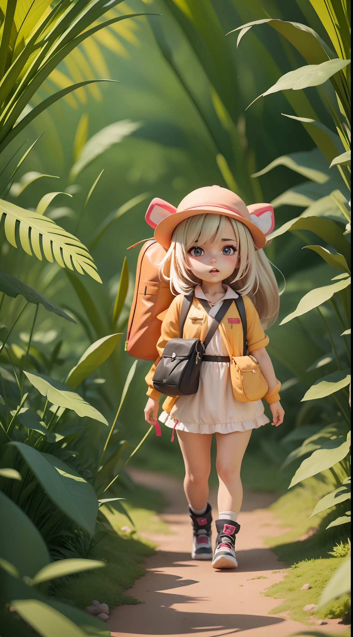 There is a poster with a cartoon character in a hat and backpack, female explorer mini cute girl, walking in the wilderness, flower jungle, animation style rendering, cute 3 D rendering, small characters. Unreal Engine 5, stylized anime, cute detailed digital art, Atey Ghailan 8 K, stylized 3D rendering, adventure surreal rendering, anime style 3D, 3D rendering stylized
