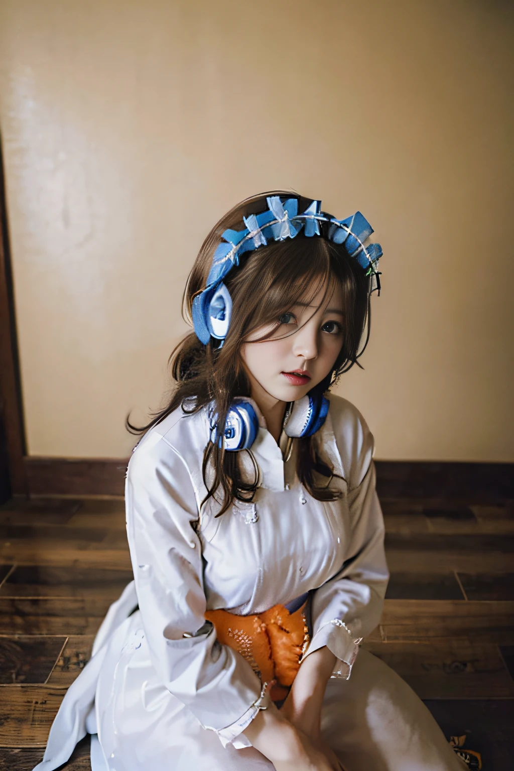 (((((head phone)))))、Colors with a calm atmosphere、​masterpiece, hightquality, Hi-Res, Idol、cute little、a beauty girl、Beautuful Women、女優、cowboy  shot, , sitting on, hoop earrings,Anime、((brown haired))、((((maid clothes))))、Synthesis of Mirai Nakano and REM、