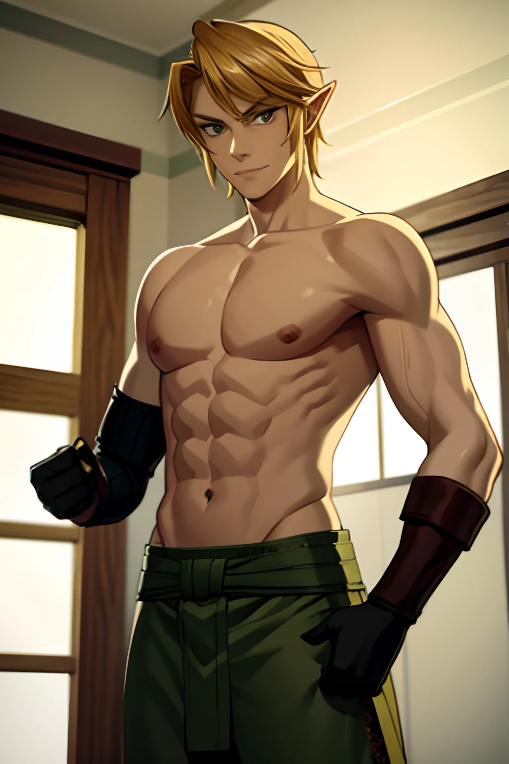 blond, tall, green-eyed guy, viking style, russian hero style, strong, anime style, anime , link, ( short gloves), standing, (topless:1.3), demigod , (muscular:0.5)(from above:0.1),(sport:0.2), (empty dojo),(smiling:0.8), (dominant),(evil:0.2)(confident)(sadistic:0.3)(adult:1)(slender:0.4)(from below:0.3)(powerful)(looking at viewer),(pants)(androgynous:0.3)