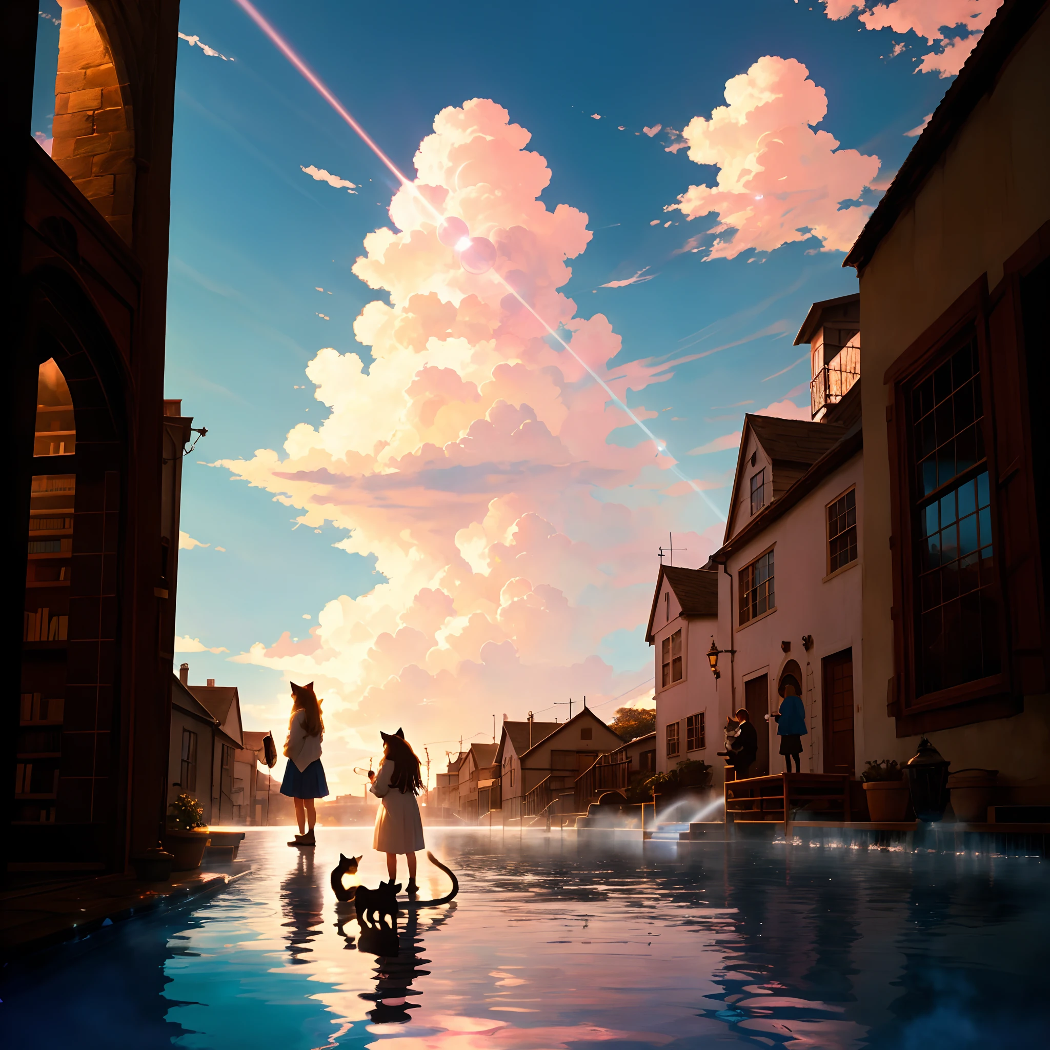 The Girl in the Cat Library, the anime, The cat washes itself, higly detailed, The sky, Luz Divina, crowded, The sky.beautiody, Luz Divina,movie scene