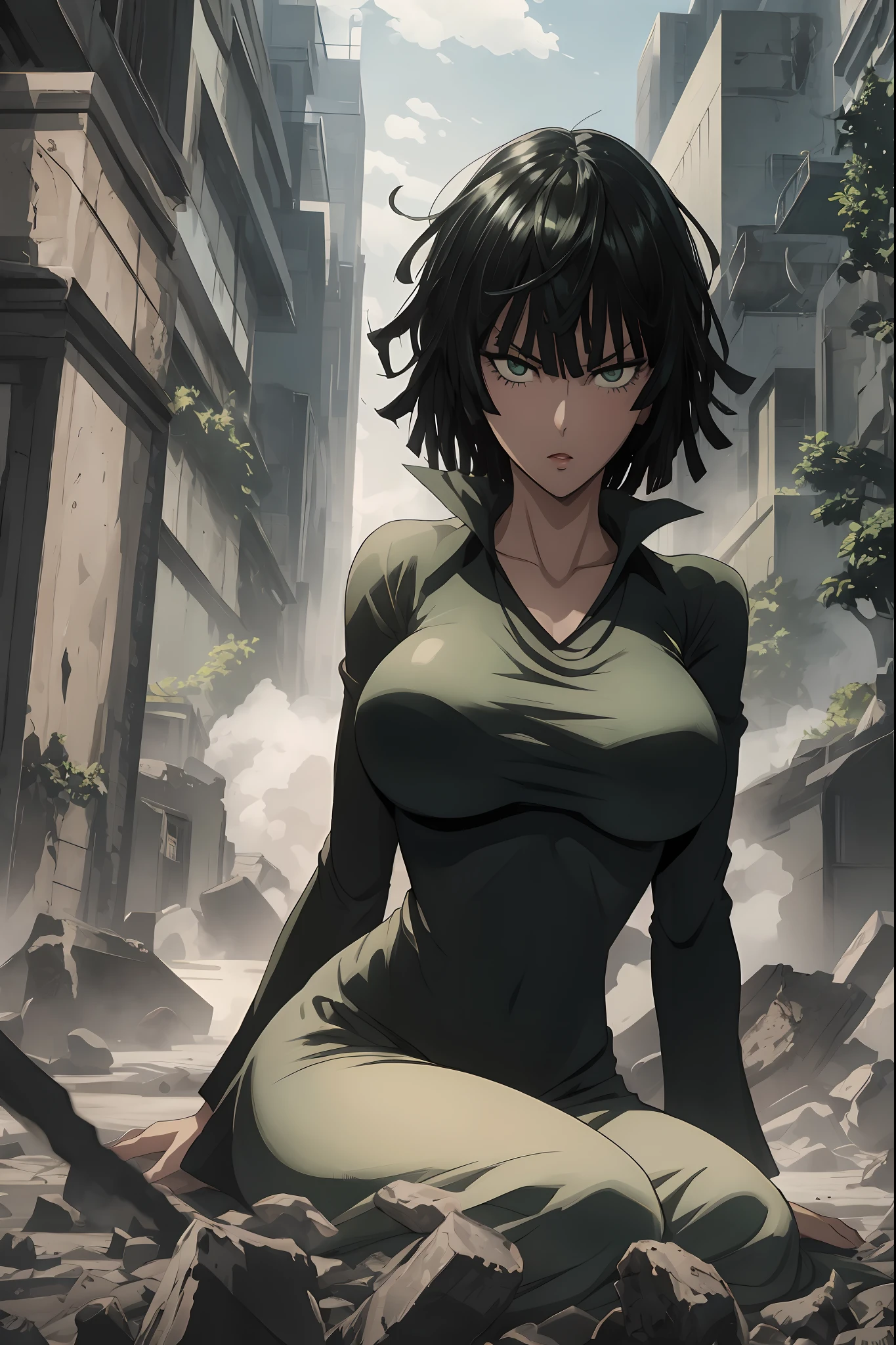 fubuki from one punch man, green eyes, short deep green hair, wearing V-neck dress, sitting on a destroyed city, cinematic shadow, cinematic fog, blushing cheeks, blush expression, dynamic pose, big breast, big hips, NSFW.